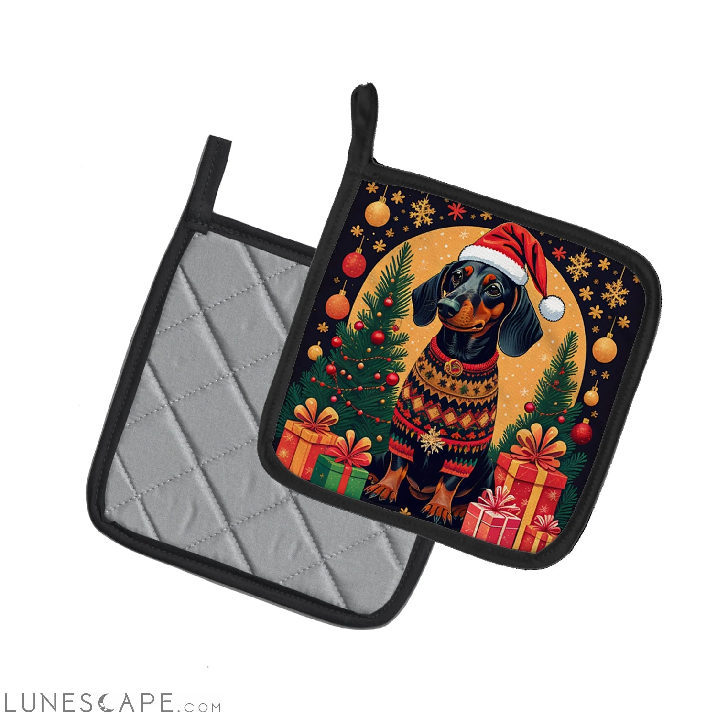 Black and Tan Dachshund Christmas Pair of Pot Holders LUNESCAPE