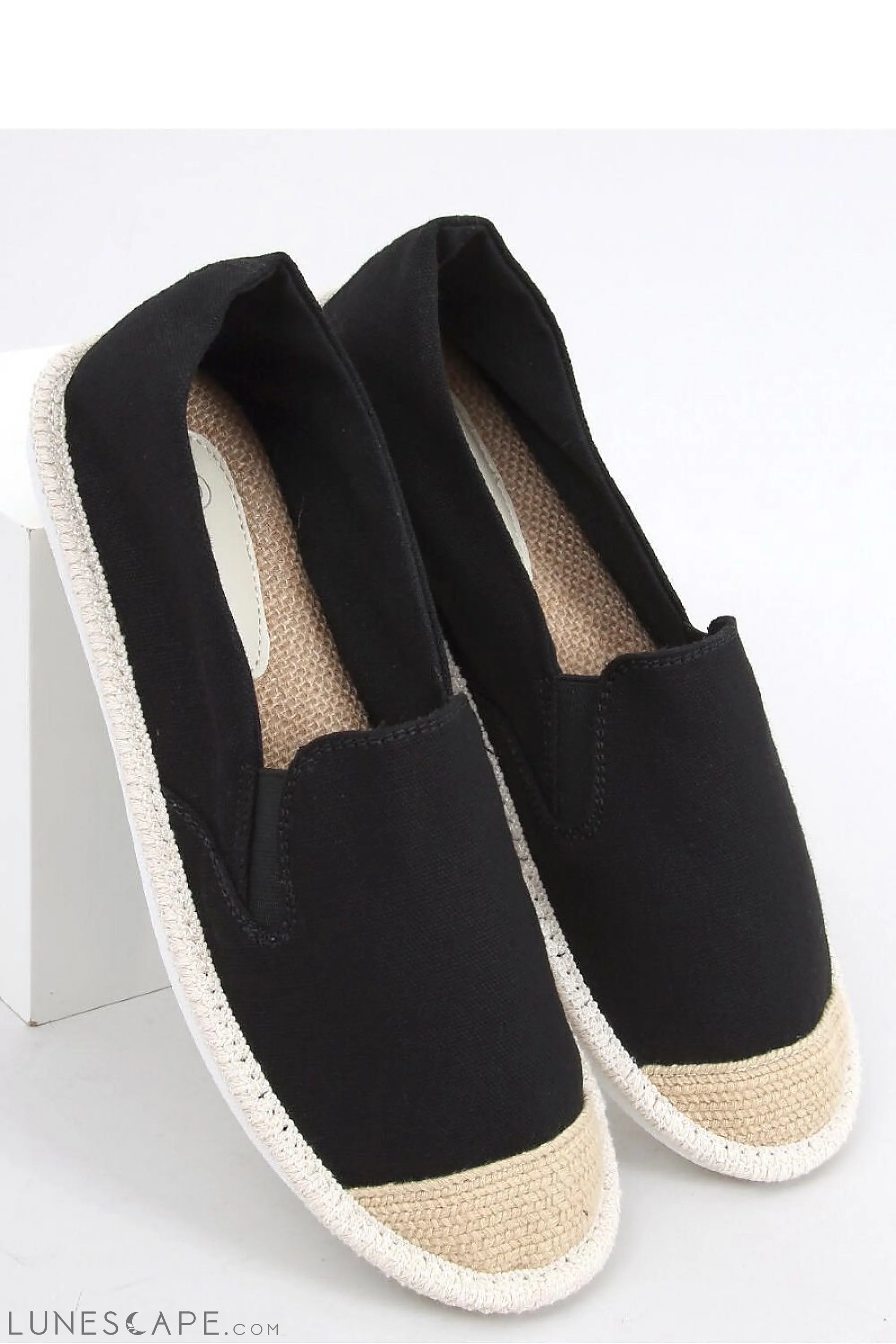 Black Canvas Slip-On Espadrilles with Natural Cap Toe & White Braided Trim LUNESCAPE