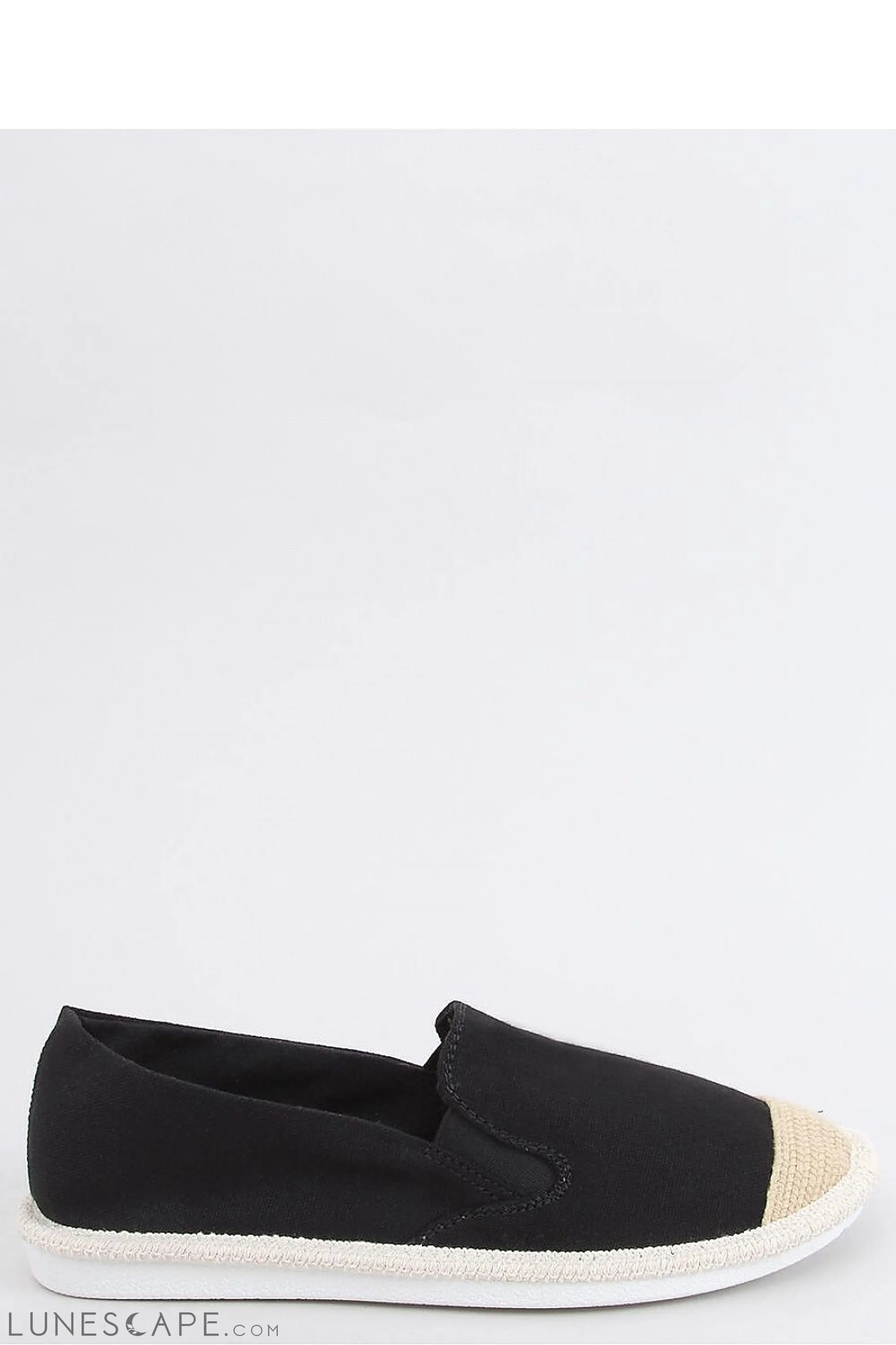 Black Canvas Slip-On Espadrilles with Natural Cap Toe & White Braided Trim LUNESCAPE