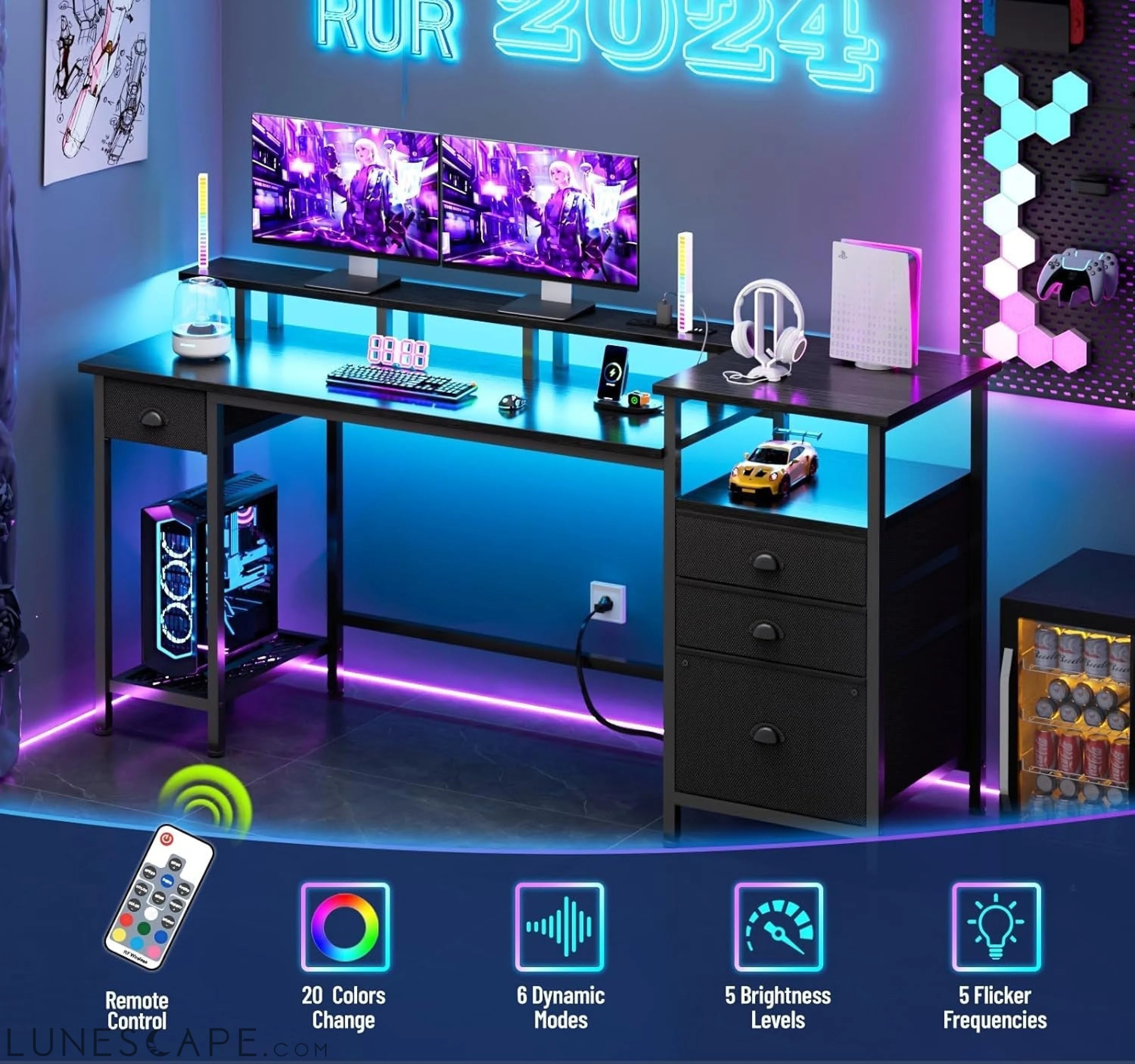 Black Computer Desk with 4 Drawers, 60" Long Office Desk with Fabric LUNESCAPE