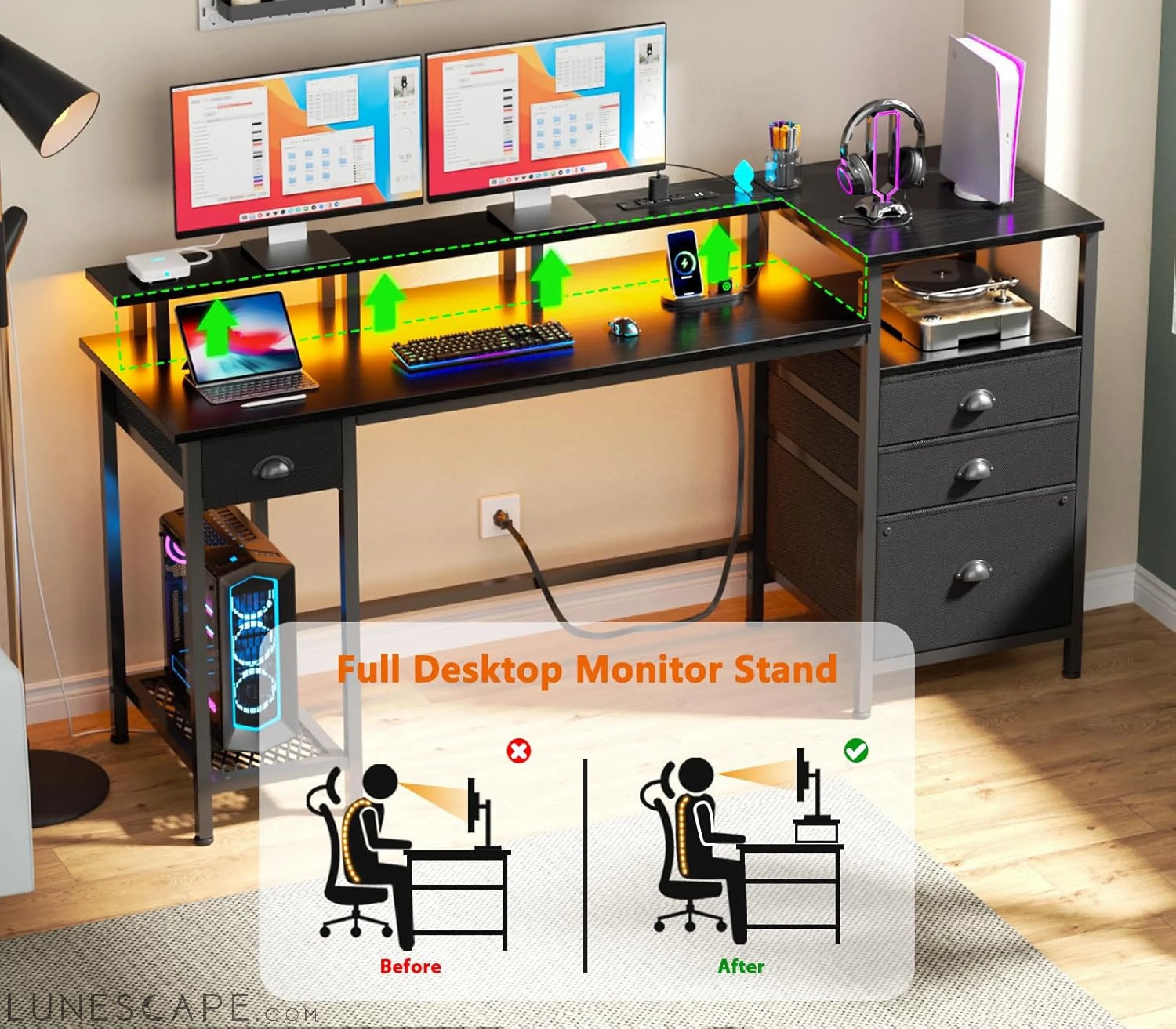 Black Computer Desk with 4 Drawers, 60" Long Office Desk with Fabric LUNESCAPE