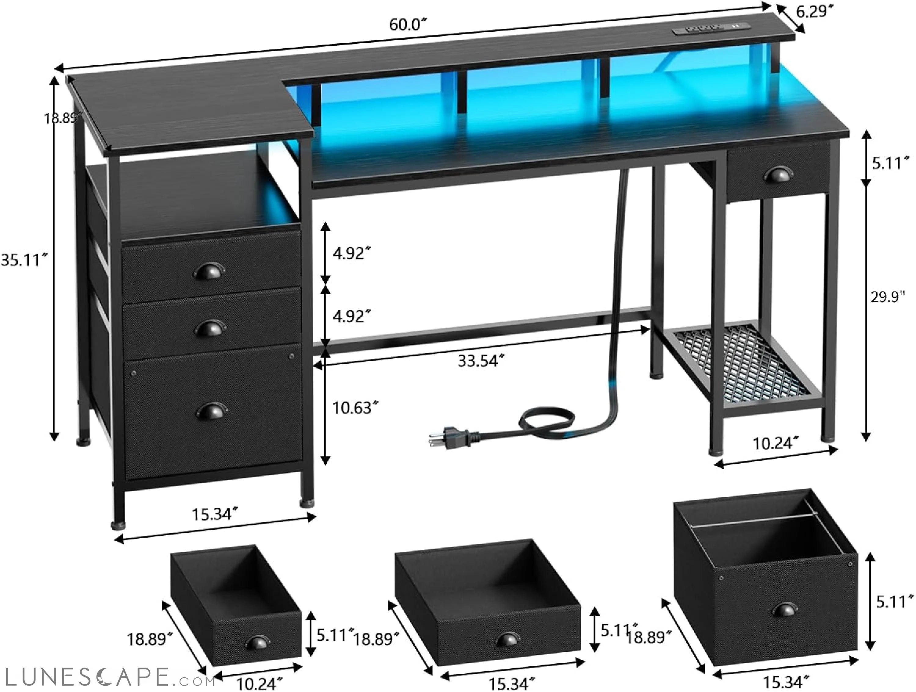 Black Computer Desk with 4 Drawers, 60" Long Office Desk with Fabric LUNESCAPE