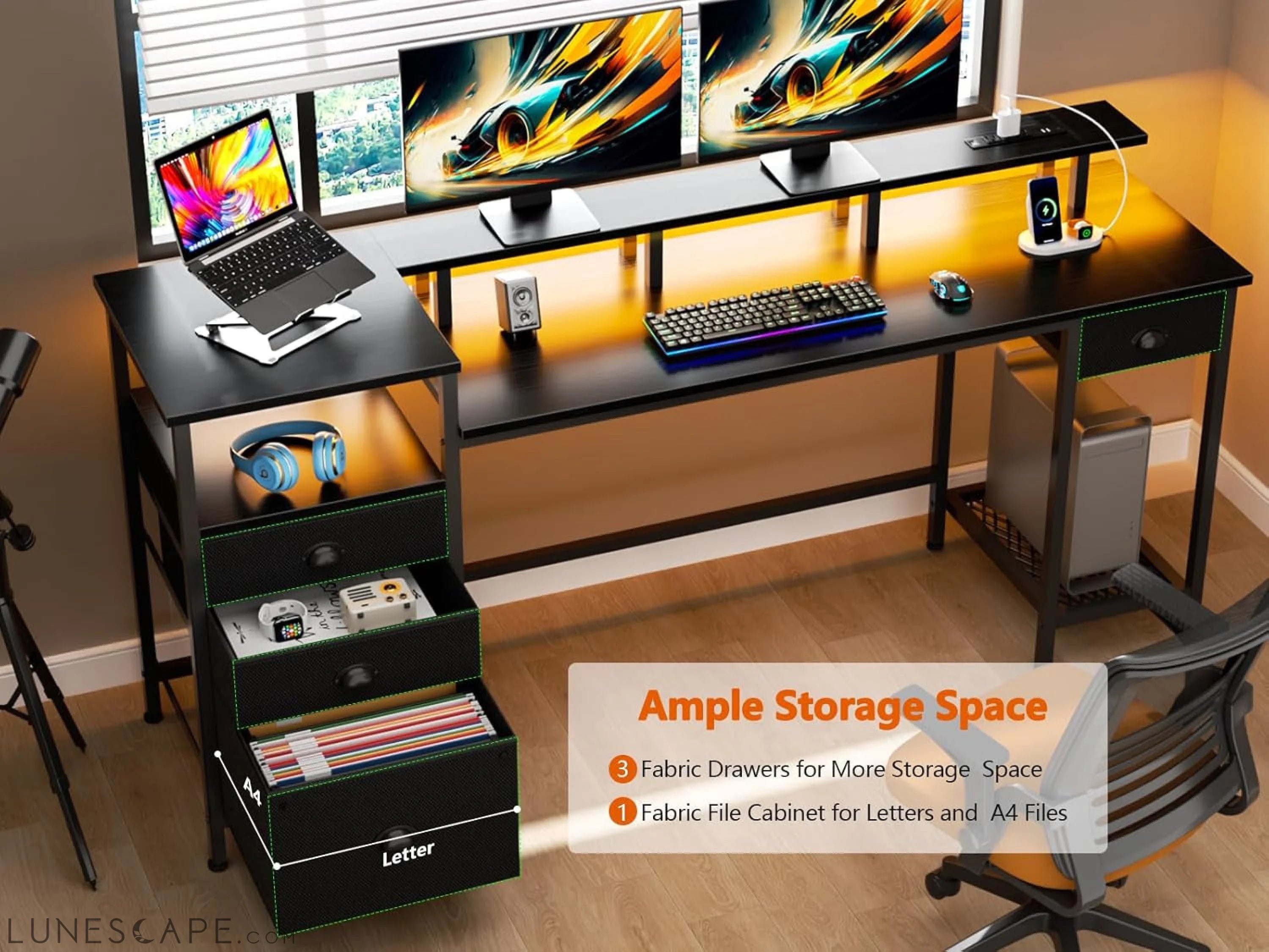 Black Computer Desk with 4 Drawers, 60" Long Office Desk with Fabric LUNESCAPE