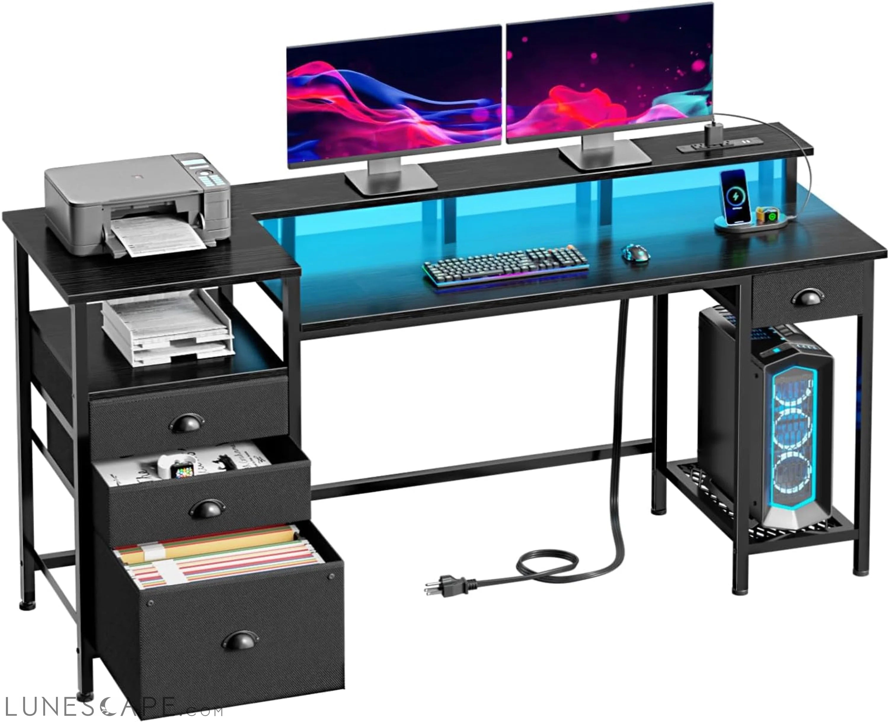 Black Computer Desk with 4 Drawers, 60" Long Office Desk with Fabric LUNESCAPE