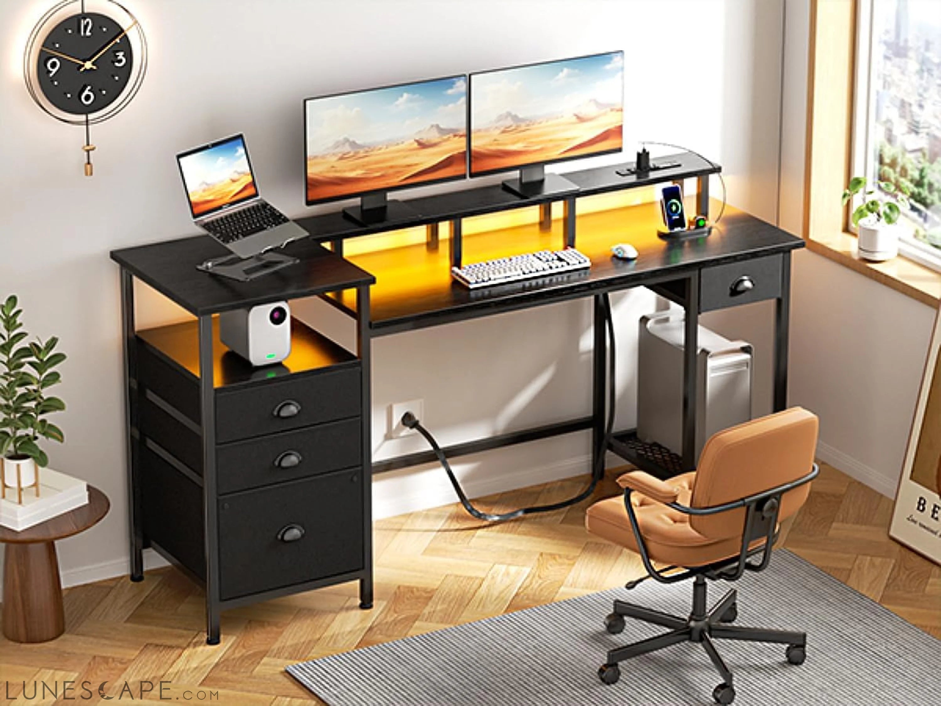 Black Computer Desk with 4 Drawers, 60" Long Office Desk with Fabric LUNESCAPE