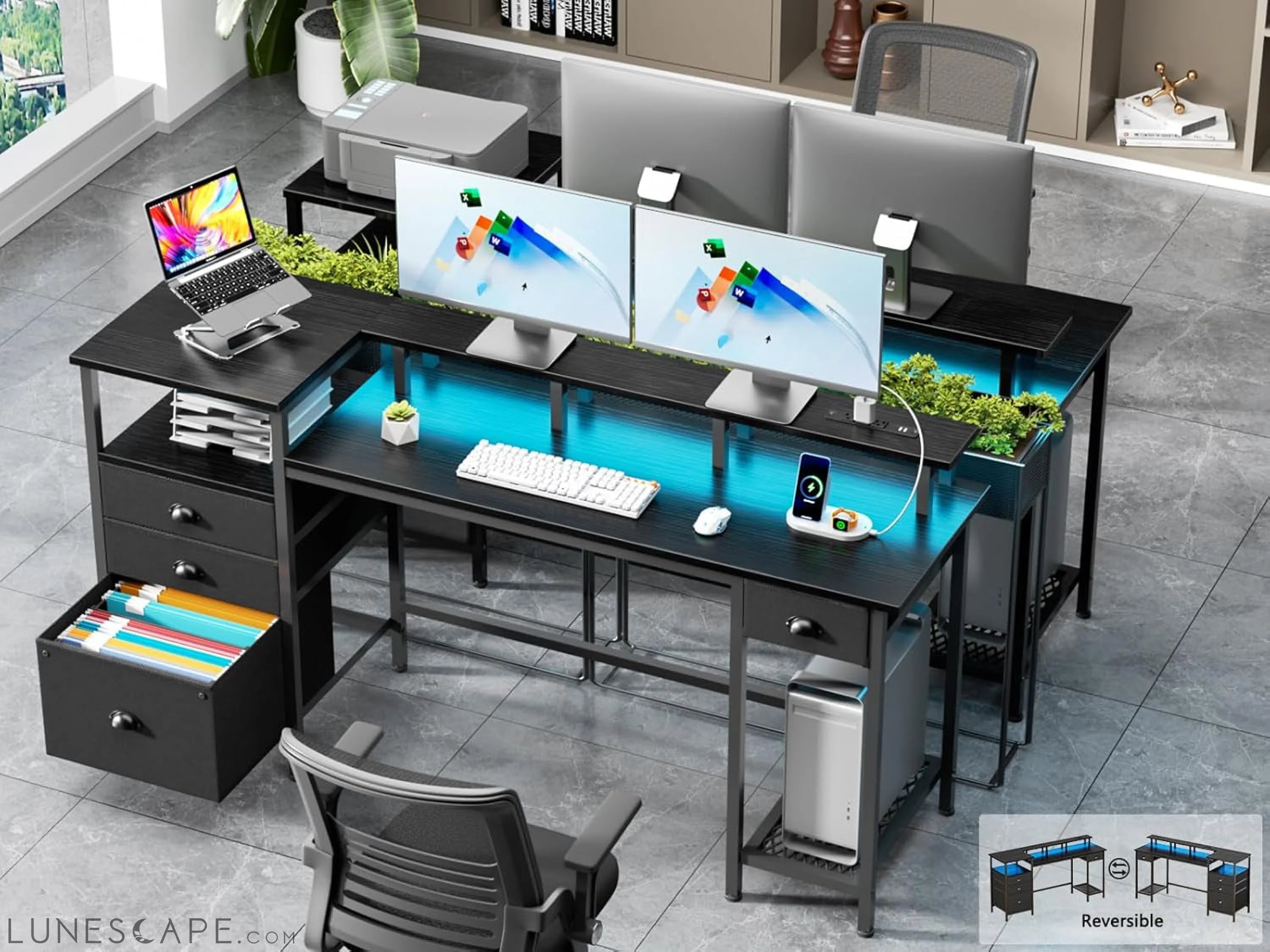 Black Computer Desk with 4 Drawers, 60" Long Office Desk with Fabric LUNESCAPE