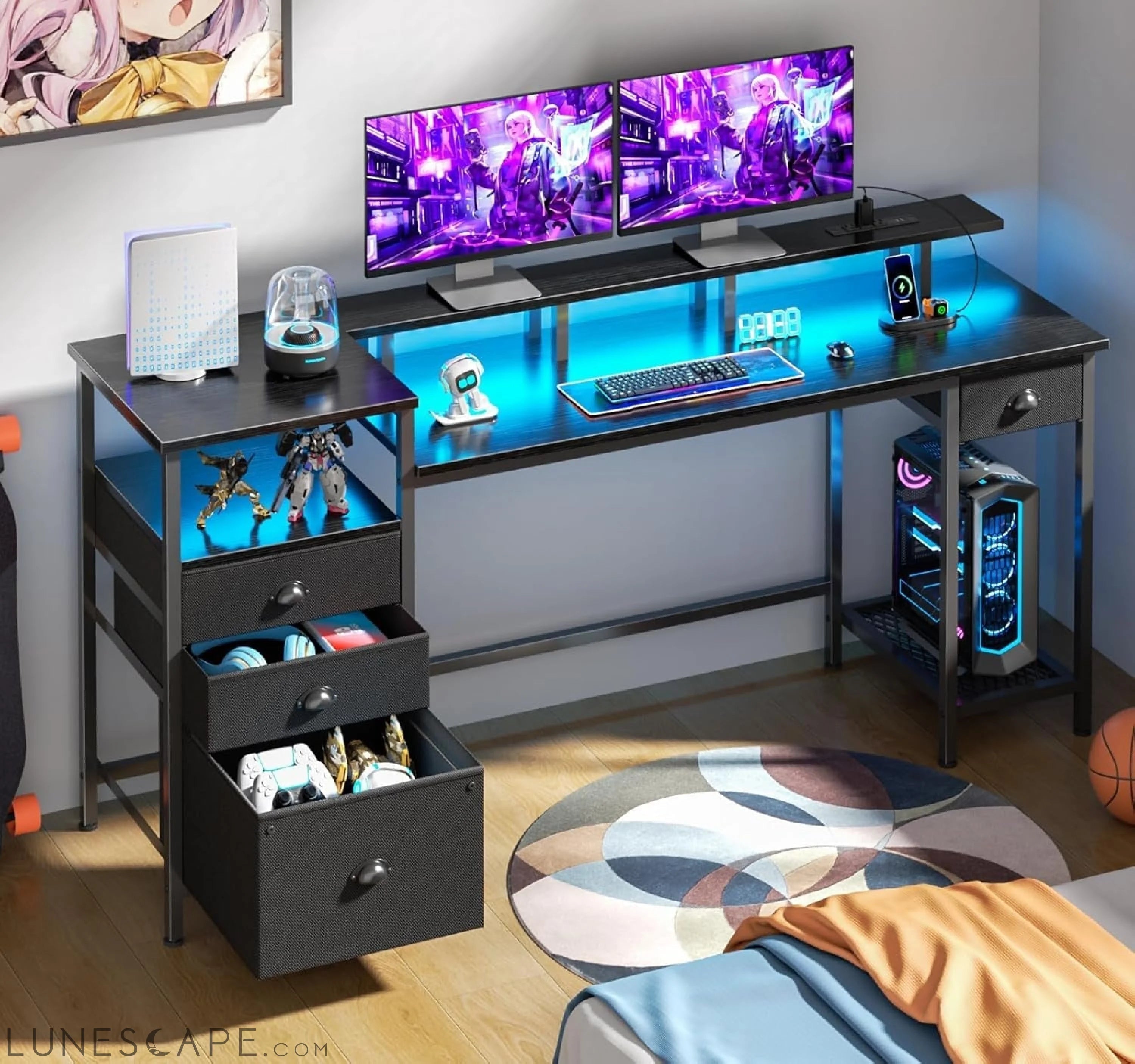 Black Computer Desk with 4 Drawers, 60" Long Office Desk with Fabric LUNESCAPE