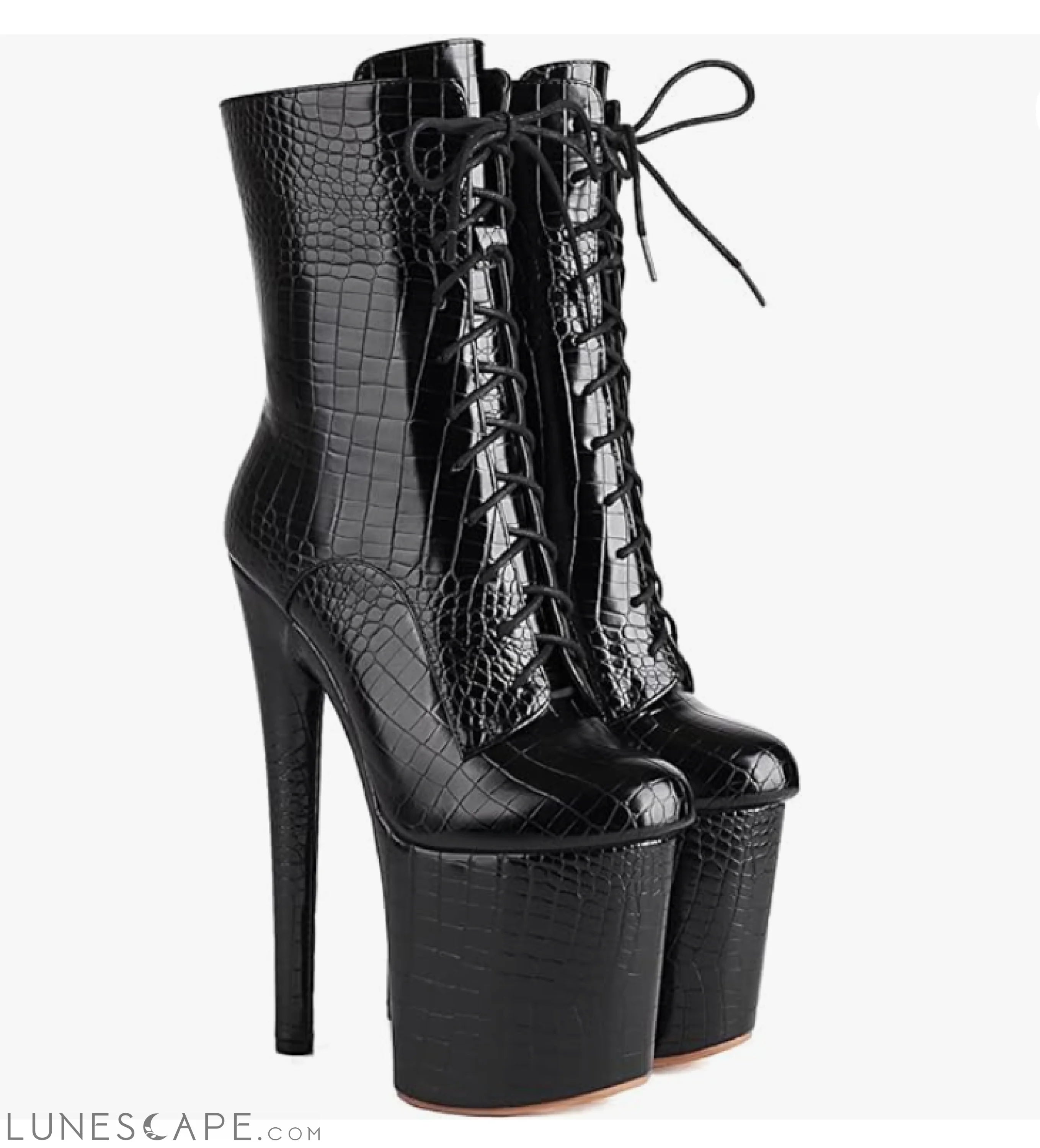 Black Croc-Embossed Leather Lace-Up Platform Boots - 7.8" Heel LUNESCAPE
