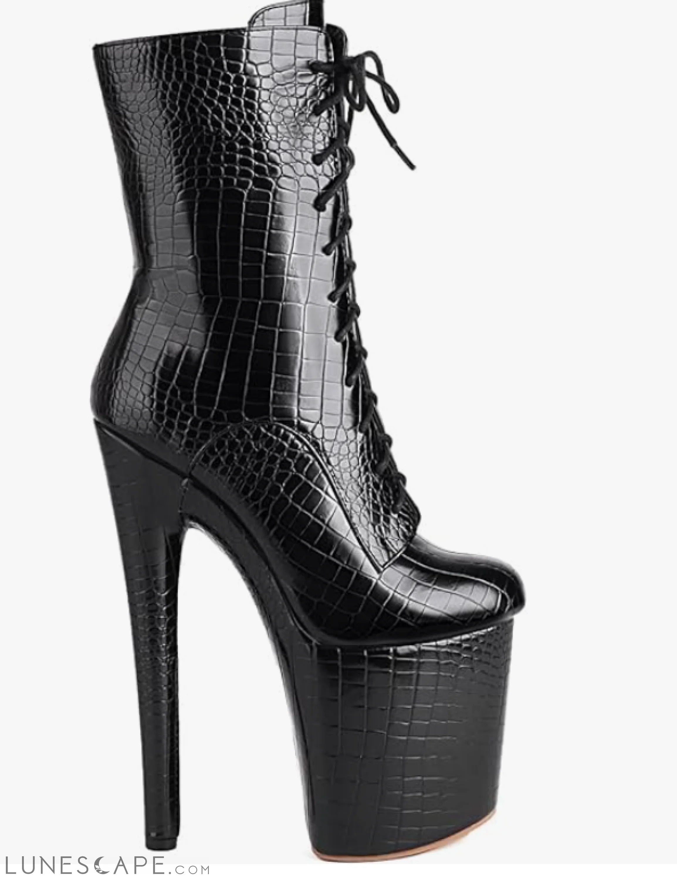 Black Croc-Embossed Leather Lace-Up Platform Boots - 7.8" Heel LUNESCAPE