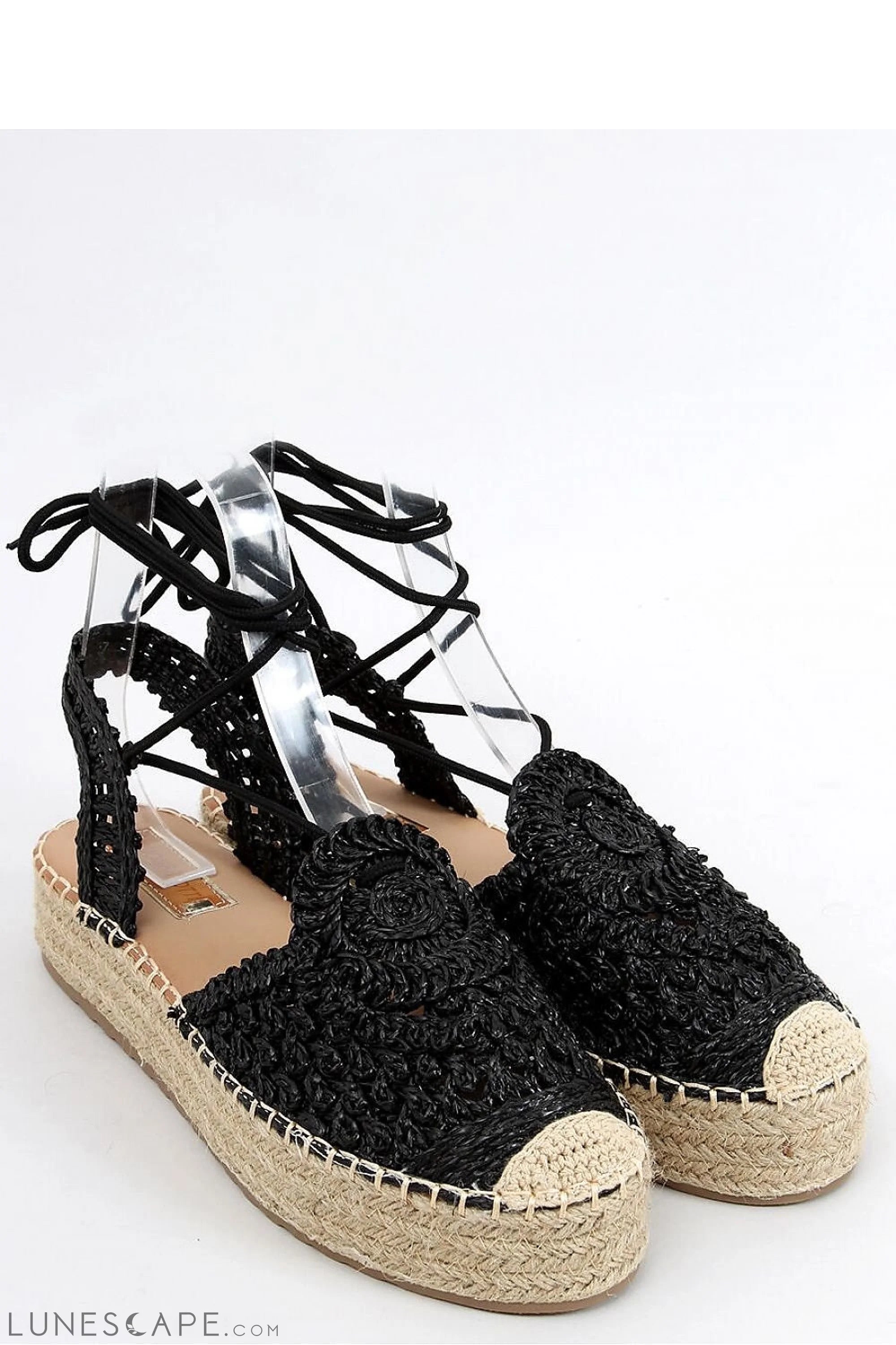 Black Crochet Lace-Up Platform Espadrilles with Woven Jute Sole LUNESCAPE