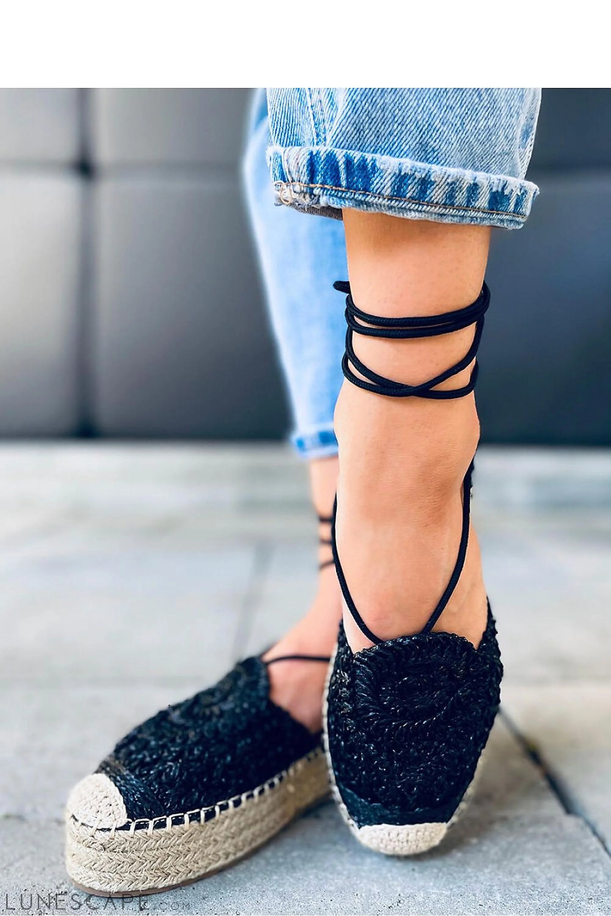 Black Crochet Lace-Up Platform Espadrilles with Woven Jute Sole LUNESCAPE