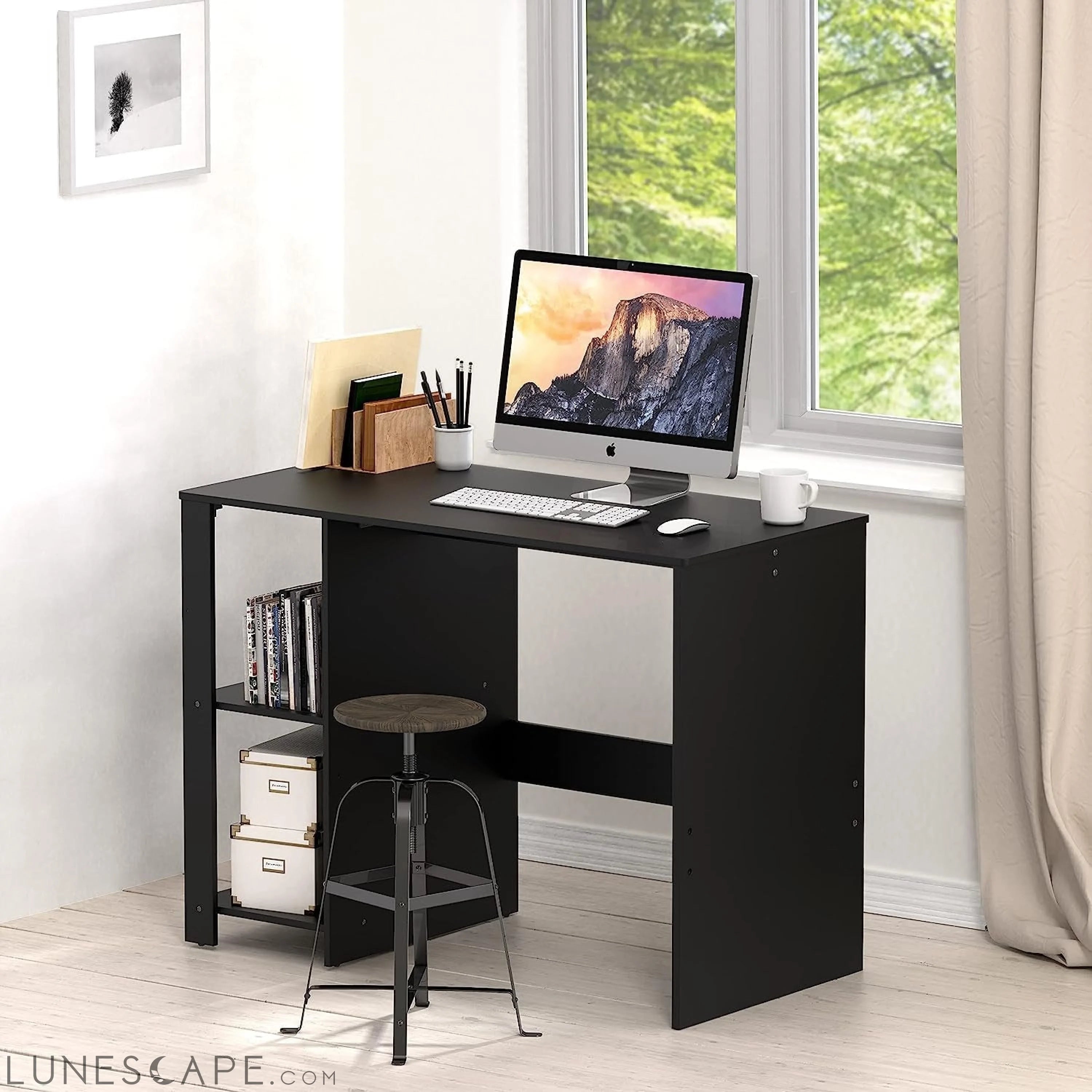 Black Desk with Shelves for Home Office LUNESCAPE
