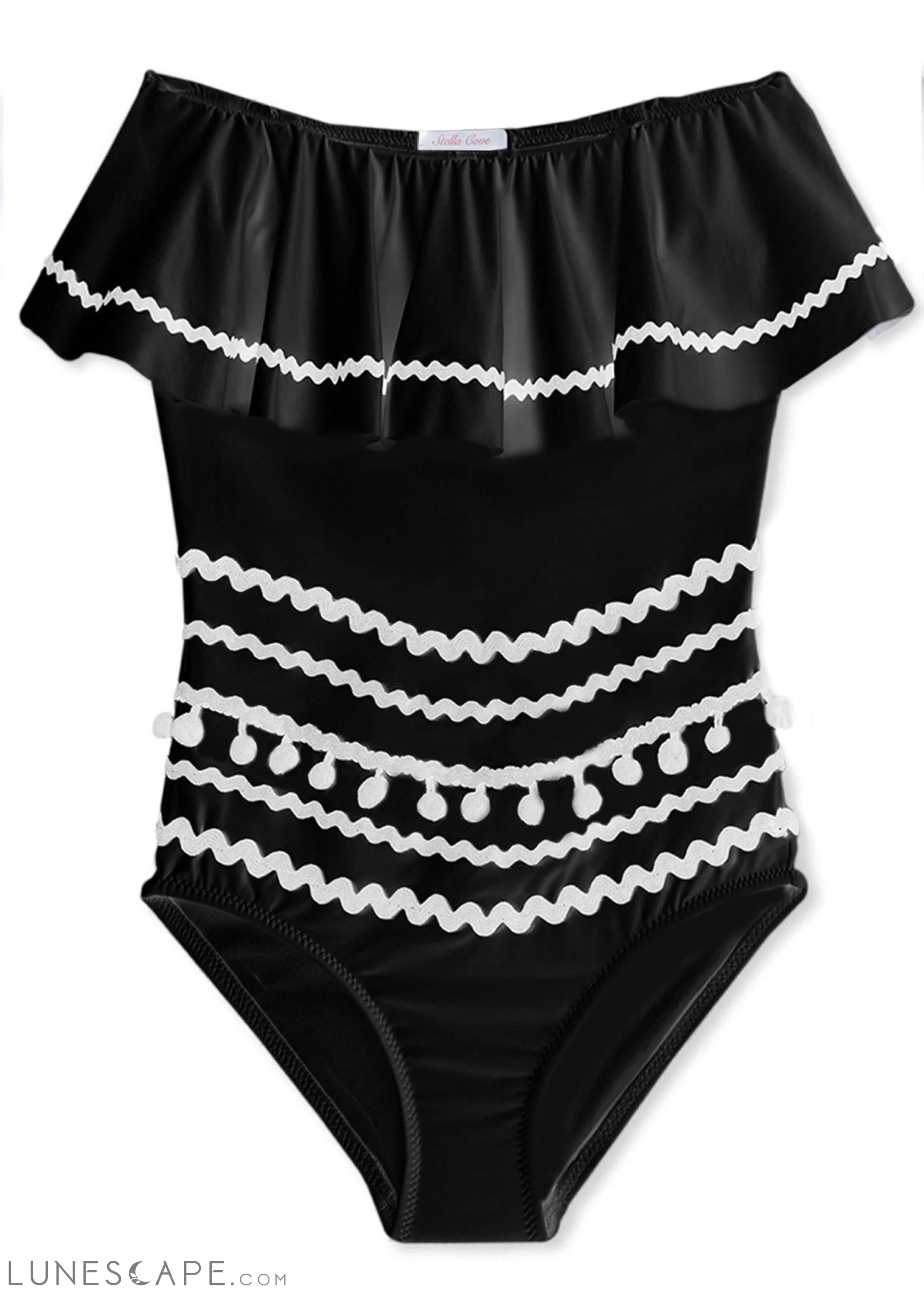 Black Drape Swimsuit with White Pom Poms for GIrls LUNESCAPE