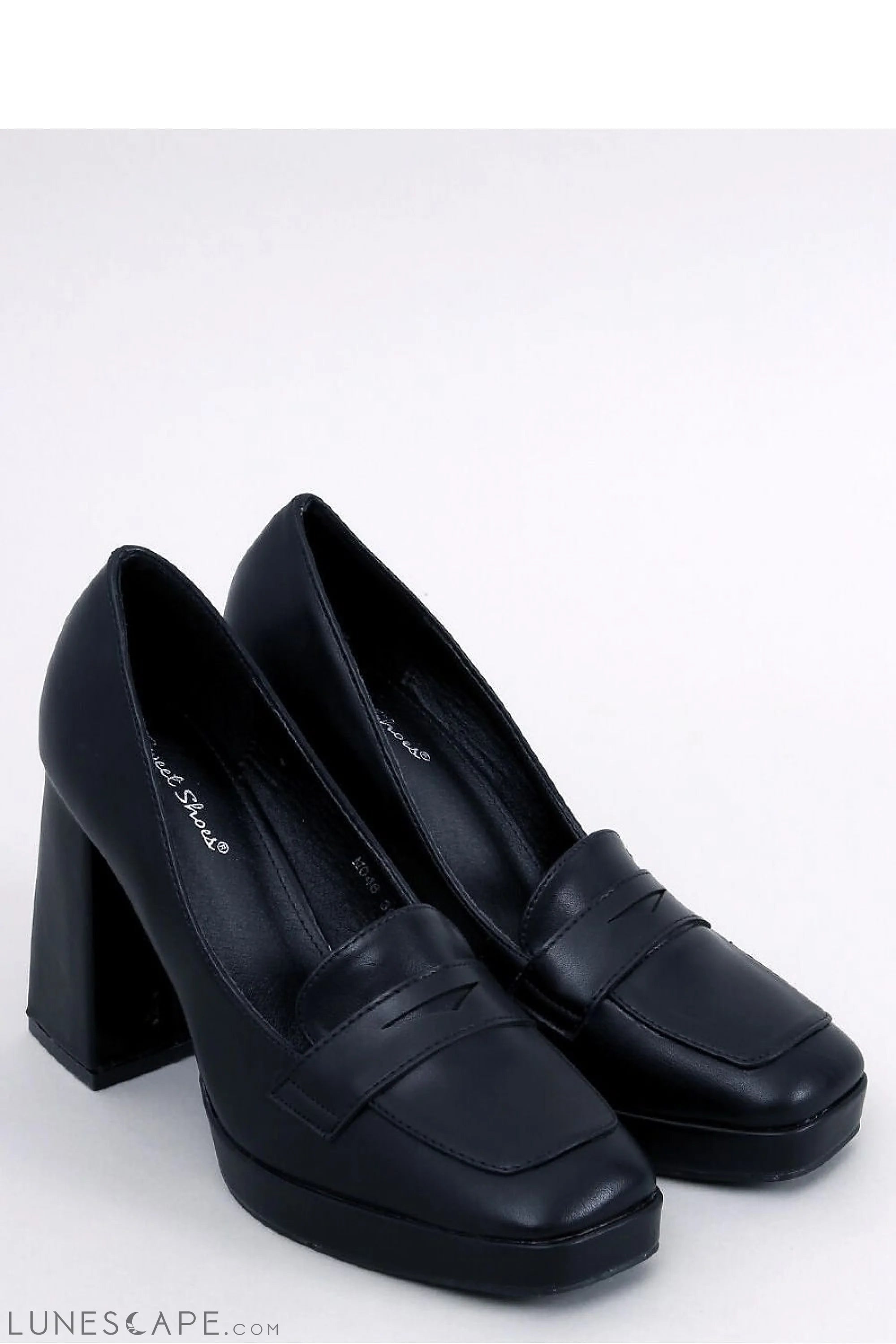 Black Eco-Leather Heeled Loafers for Women – Square Toe Platform Pumps LUNESCAPE