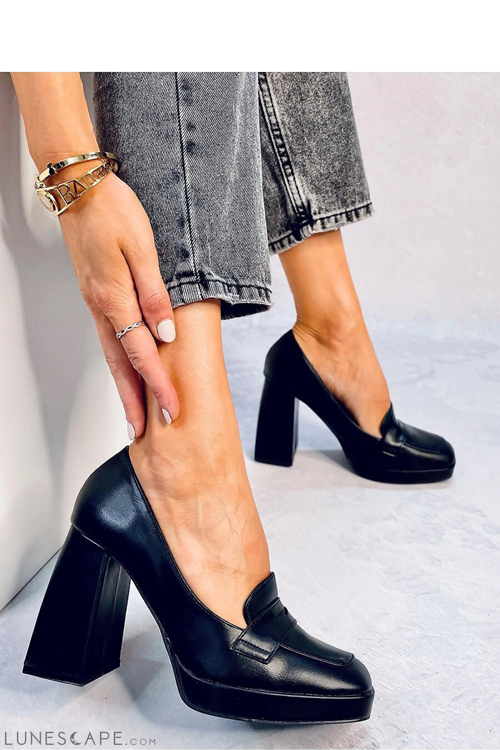 Black Eco-Leather Heeled Loafers for Women – Square Toe Platform Pumps LUNESCAPE