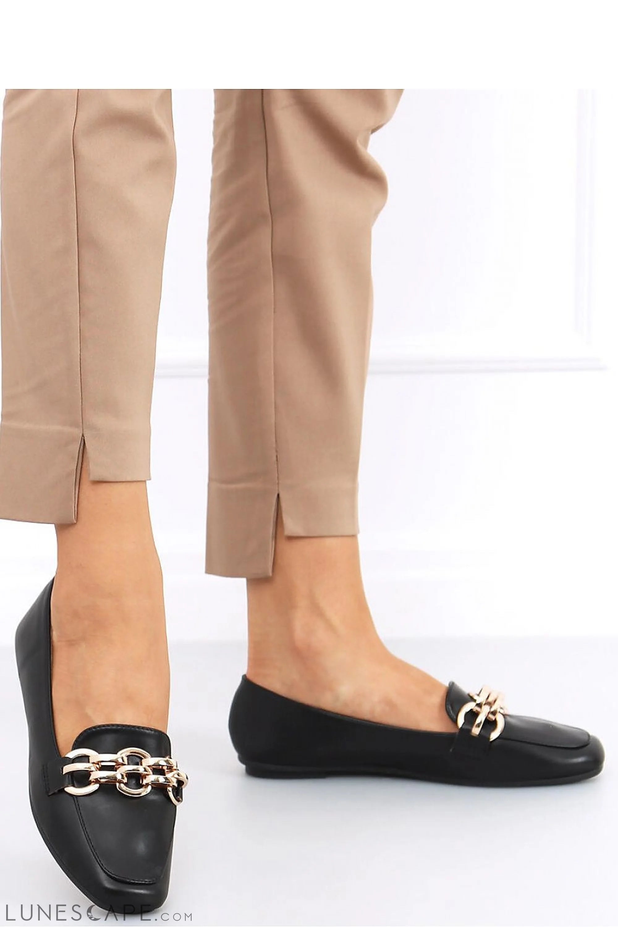 Black Eco-Leather Loafers for Women – Square-Toe Slip-Ons with Gold Chain Accent LUNESCAPE