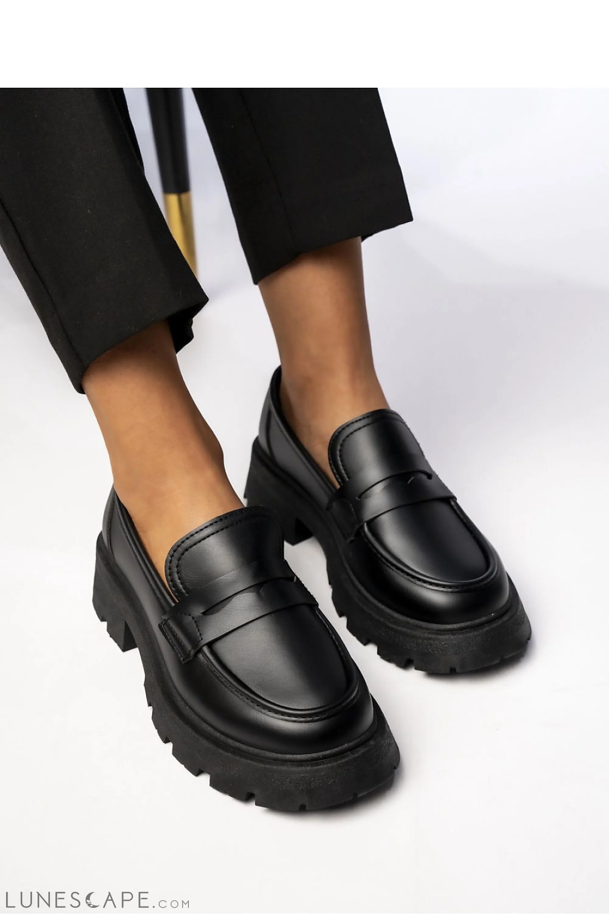 Black Eco-Leather Women’s Loafers with Chunky Sole and Penny Strap LUNESCAPE