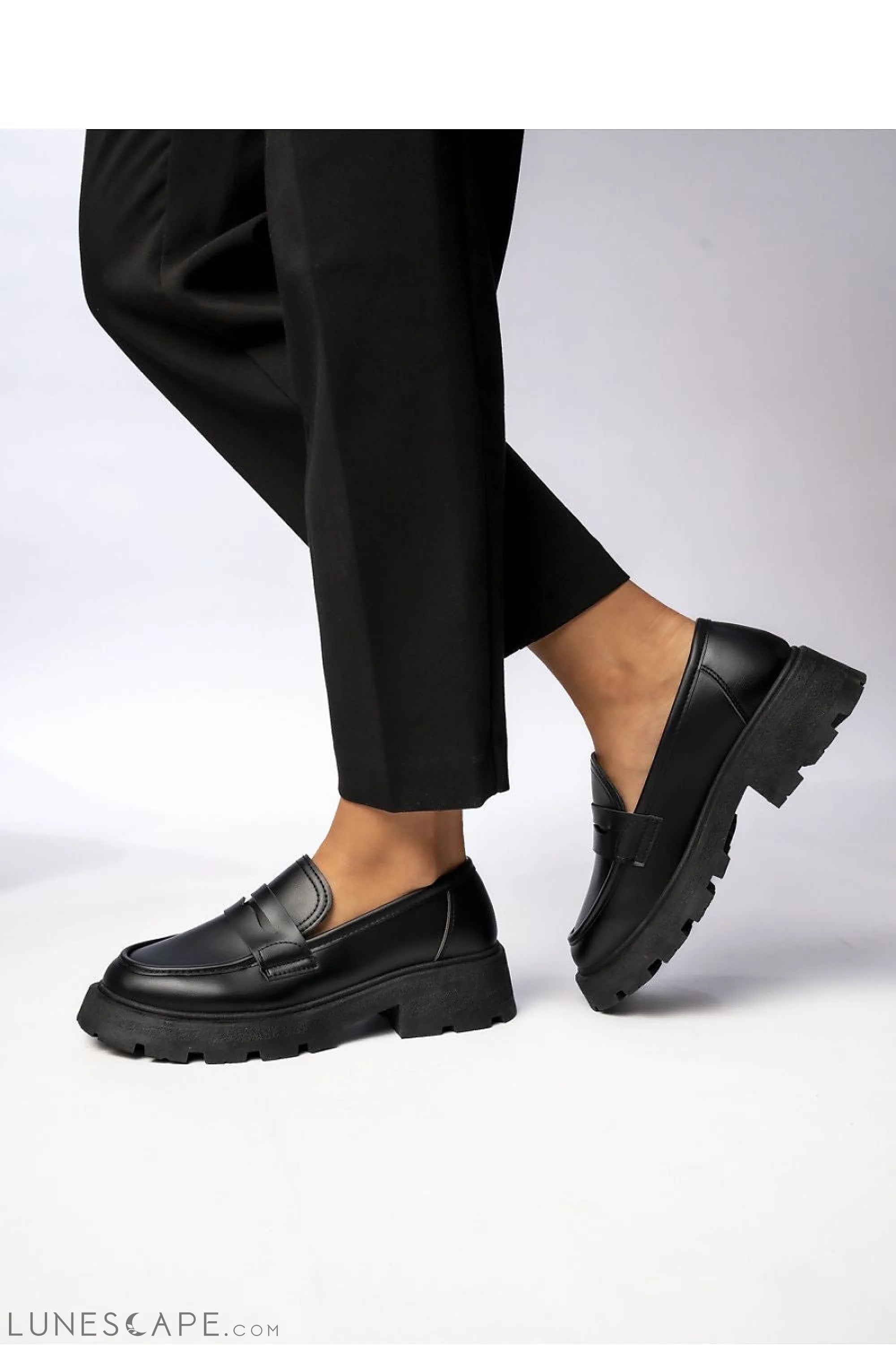 Black Eco-Leather Women’s Loafers with Chunky Sole and Penny Strap LUNESCAPE
