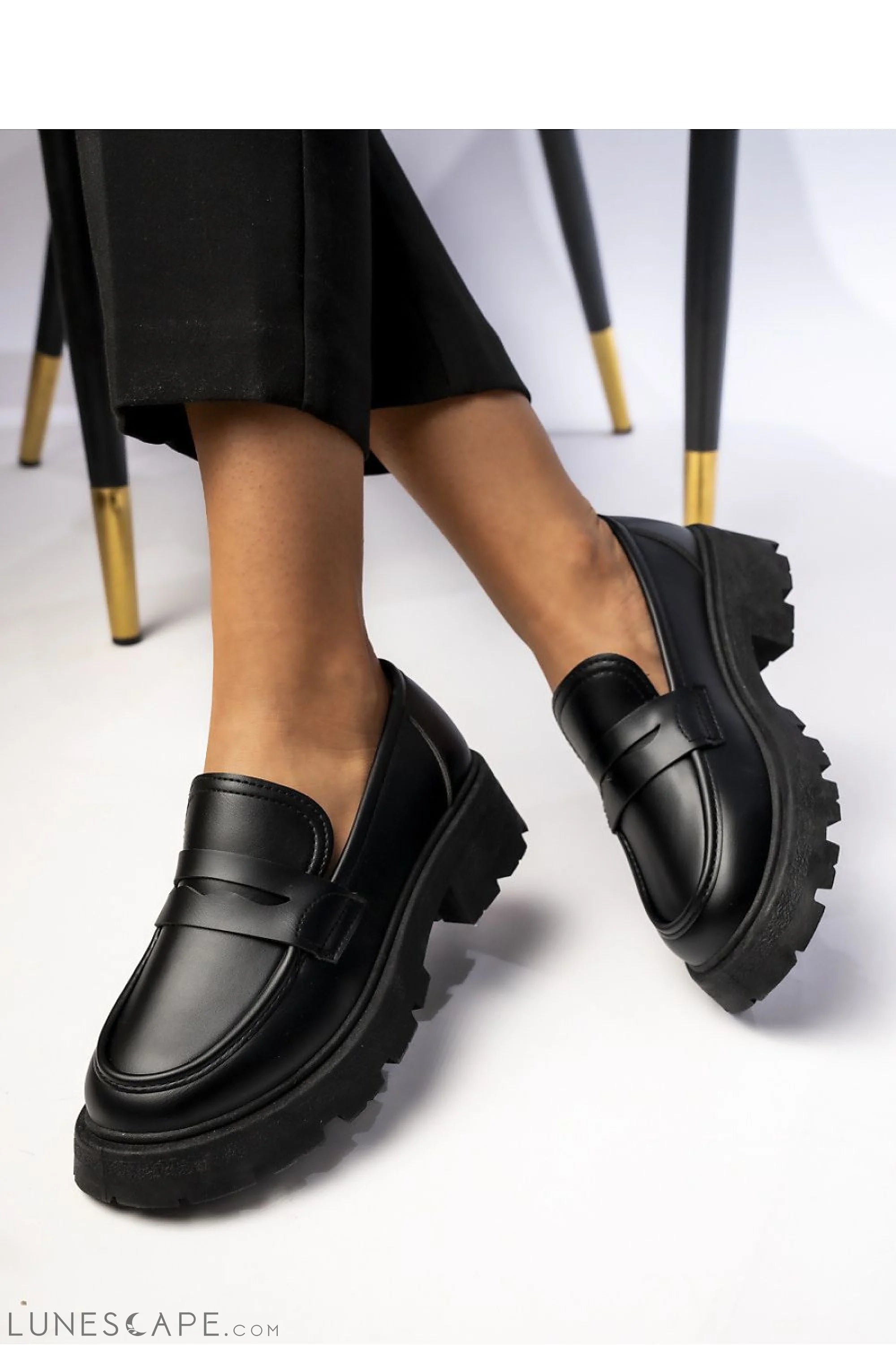 Black Eco-Leather Women’s Loafers with Chunky Sole and Penny Strap LUNESCAPE