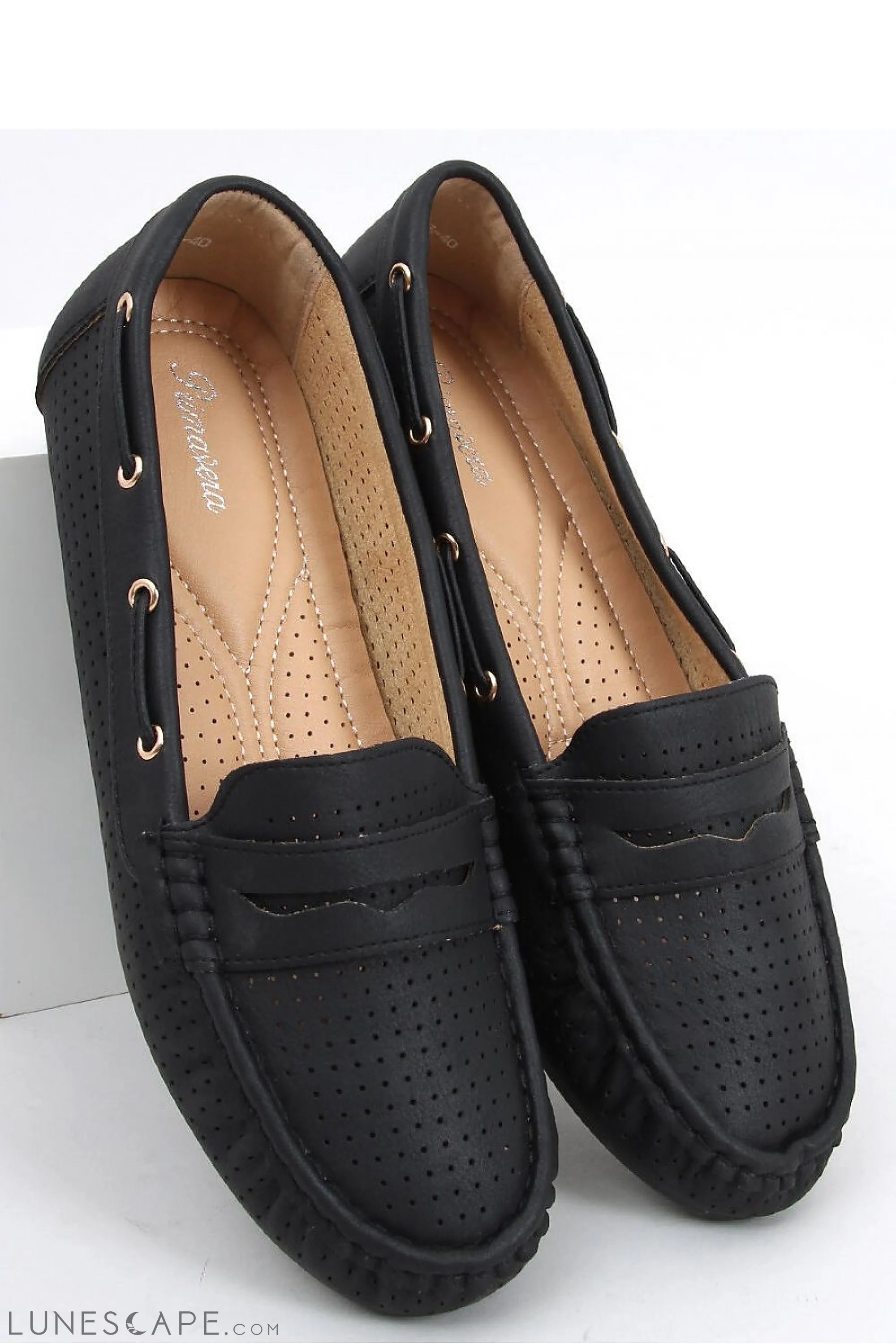 Black Eco-Leather Women’s Loafers with Perforated Detailing and Penny Slot LUNESCAPE