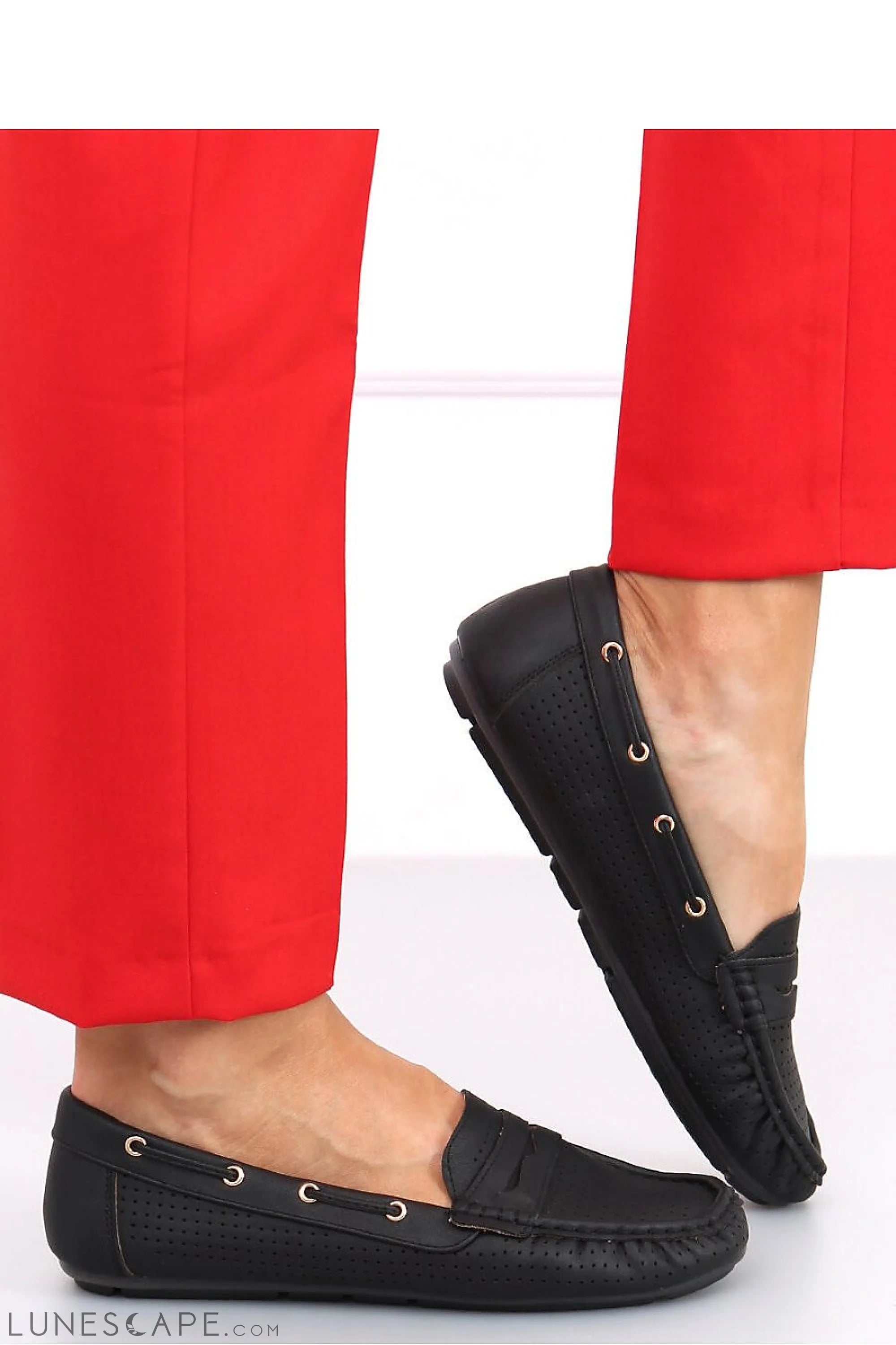 Black Eco-Leather Women’s Loafers with Perforated Detailing and Penny Slot LUNESCAPE