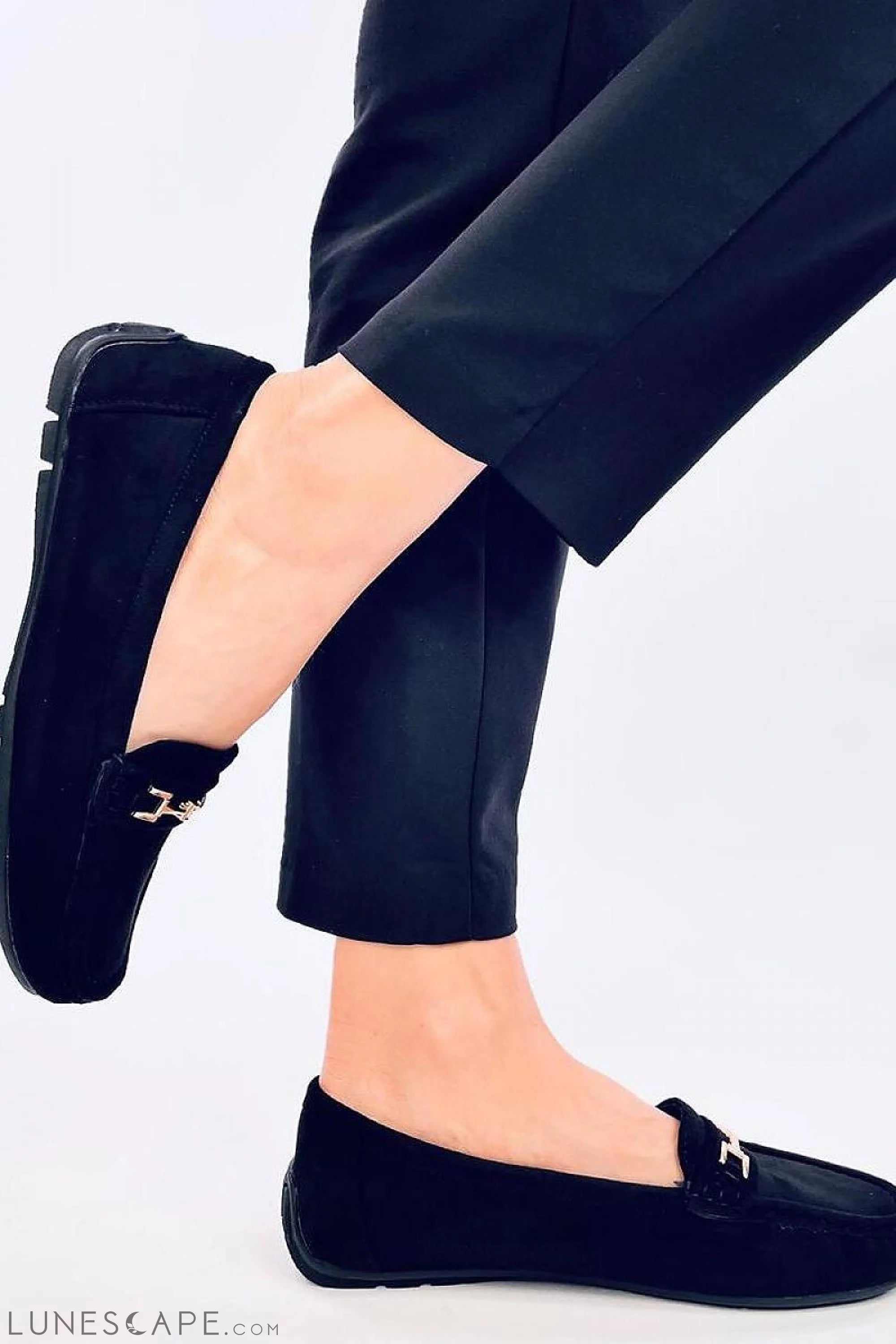 Black Eco-Suede Driving Loafers for Women – Gold Bit Slip-On Flats LUNESCAPE
