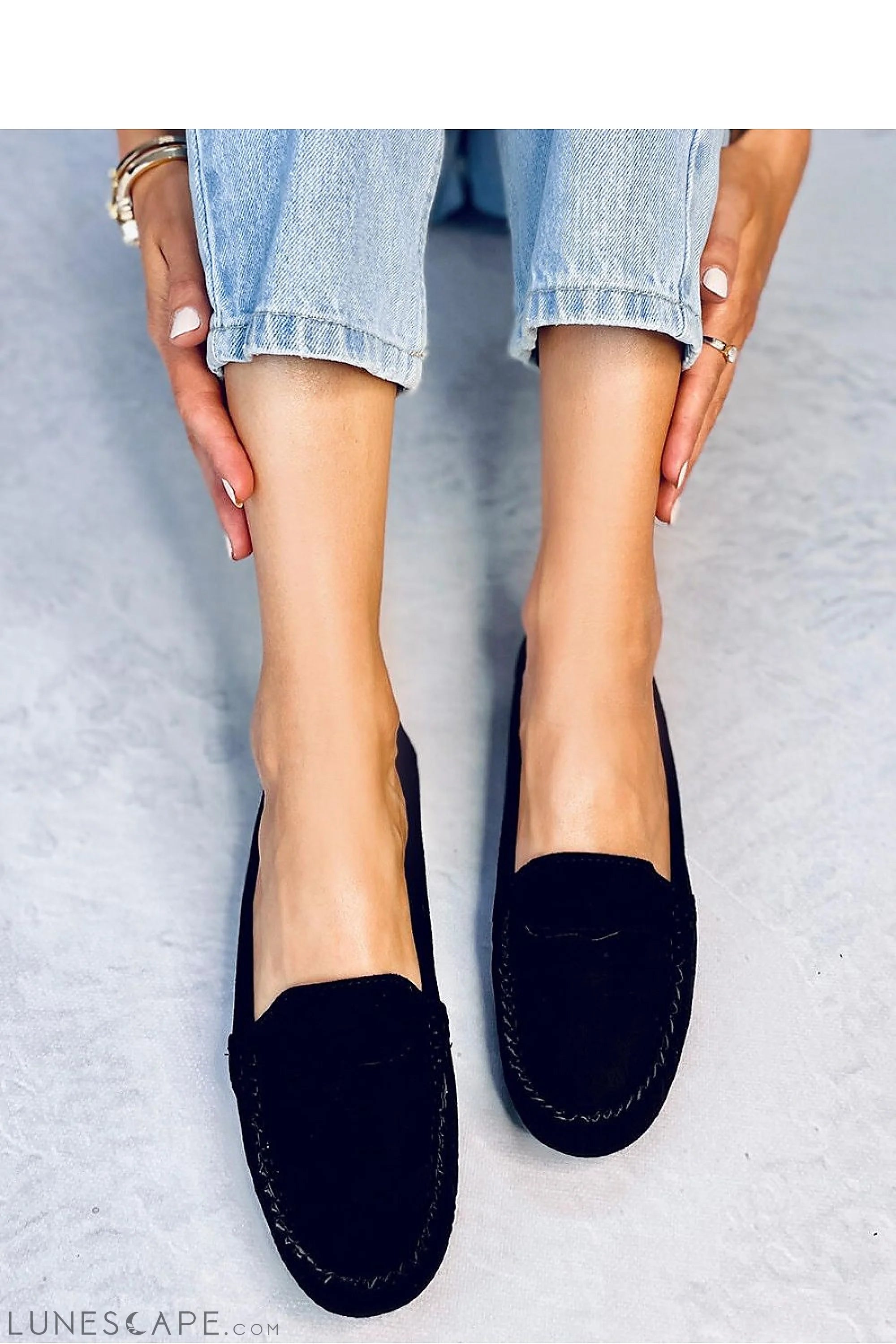 Black Eco-Suede Driving Loafers Women's – Round Toe with Moc Stitch Detail LUNESCAPE