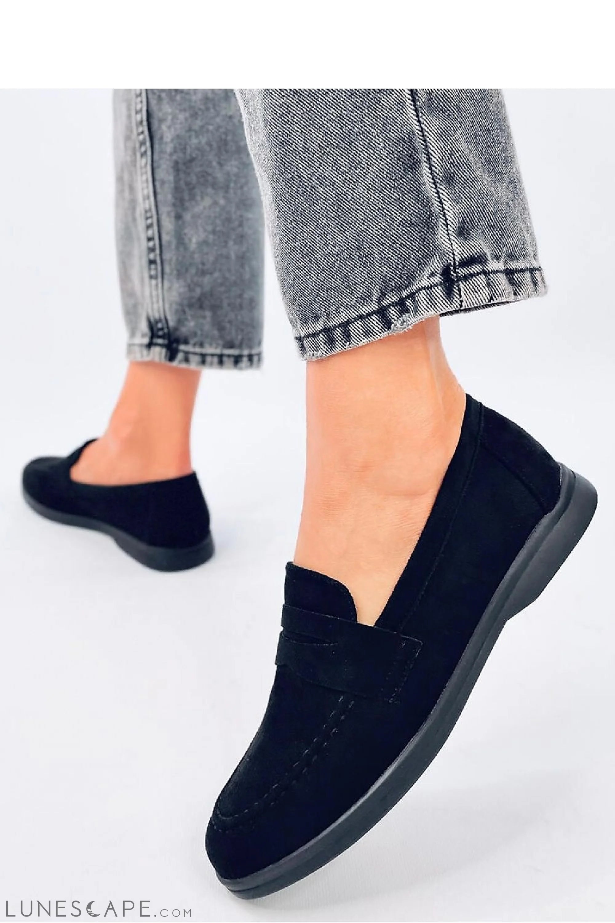 Black Eco-Suede Loafers for Women – Almond-Toe Penny Slip-On Flats LUNESCAPE