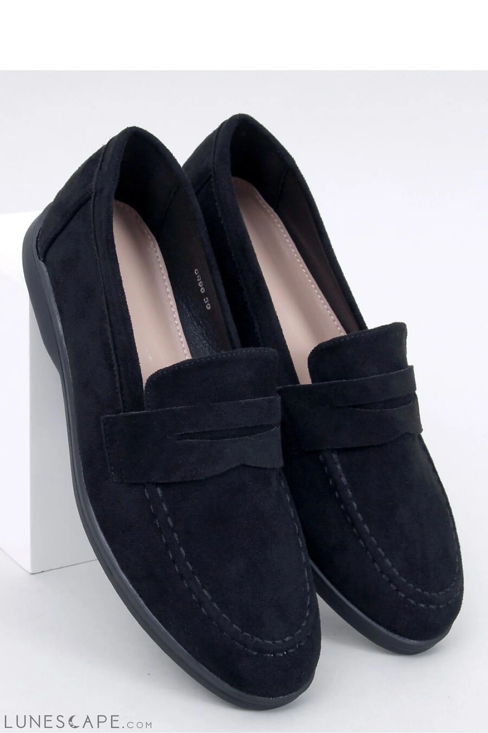 Black Eco-Suede Loafers for Women – Almond-Toe Penny Slip-On Flats LUNESCAPE