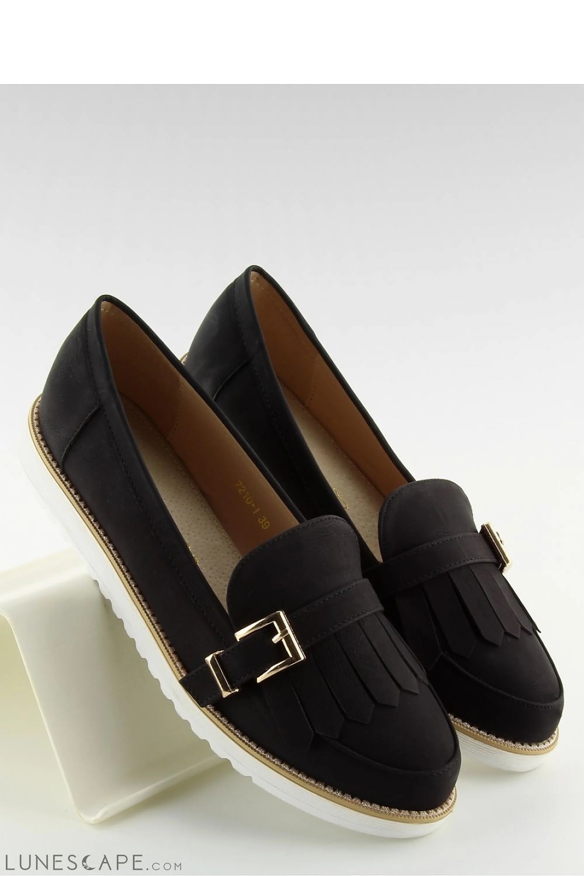 Black Eco-Suede Loafers for Women – Almond Toe with Buckle Fringe Detail LUNESCAPE