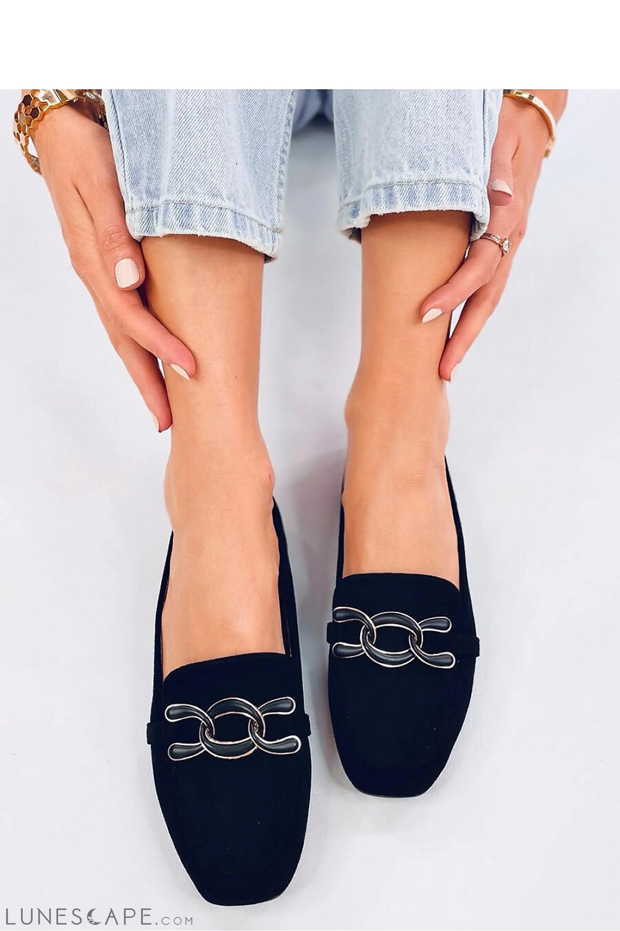 Black Eco-Suede Women’s Loafers with Oversized Enamel Chain Accent LUNESCAPE