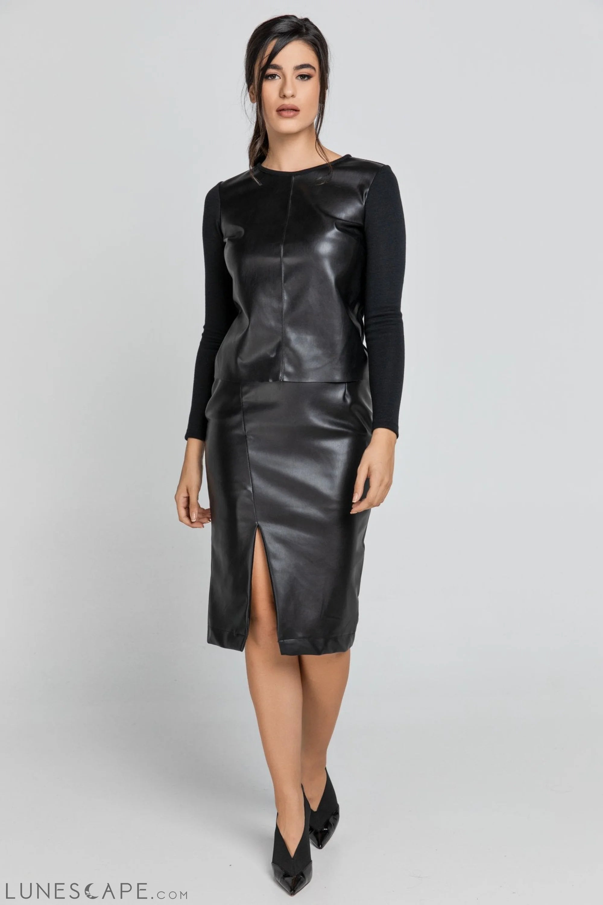 Black Faux Leather Pencil Skirt by Conquista Fashion LUNESCAPE