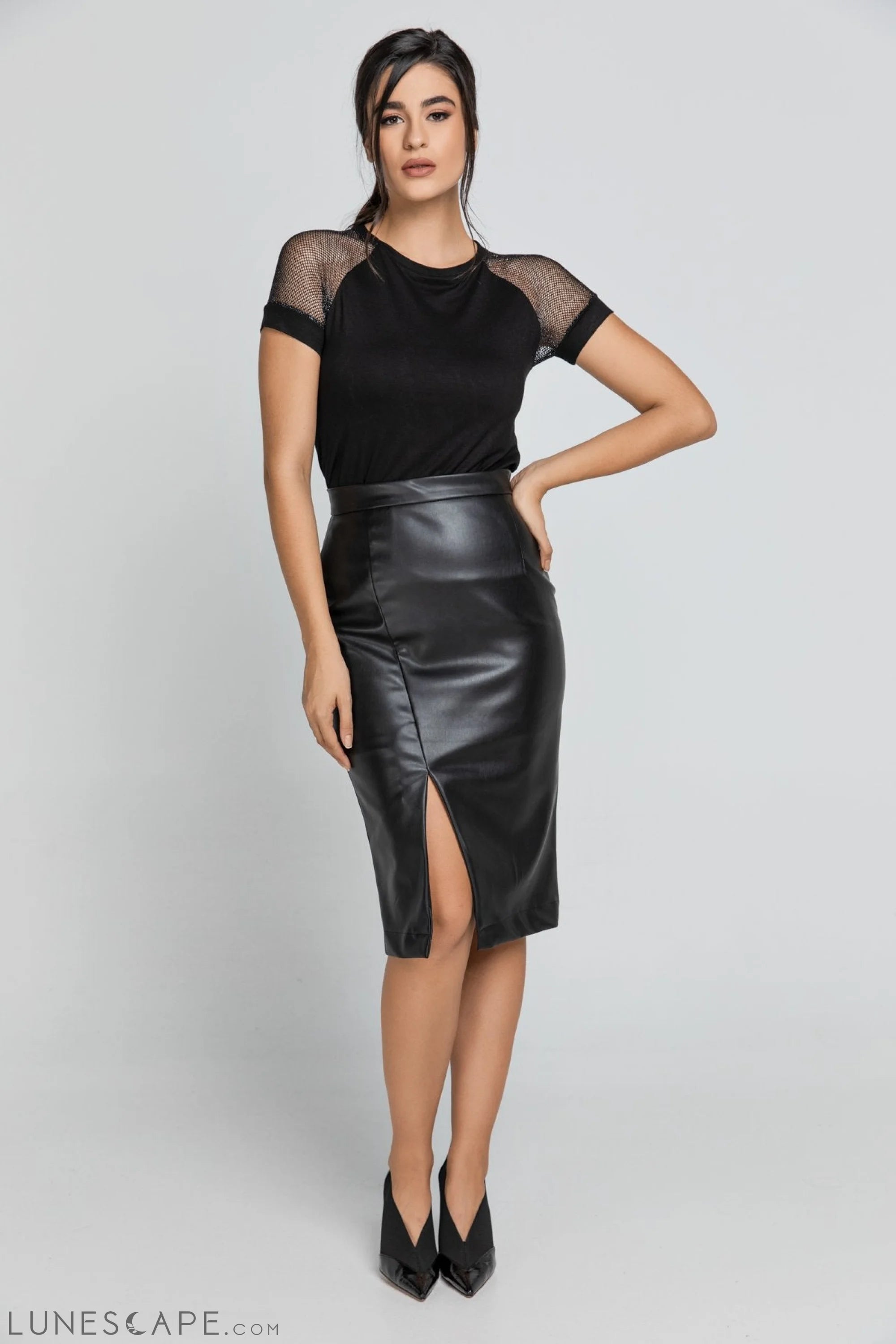 Black Faux Leather Pencil Skirt by Conquista Fashion LUNESCAPE