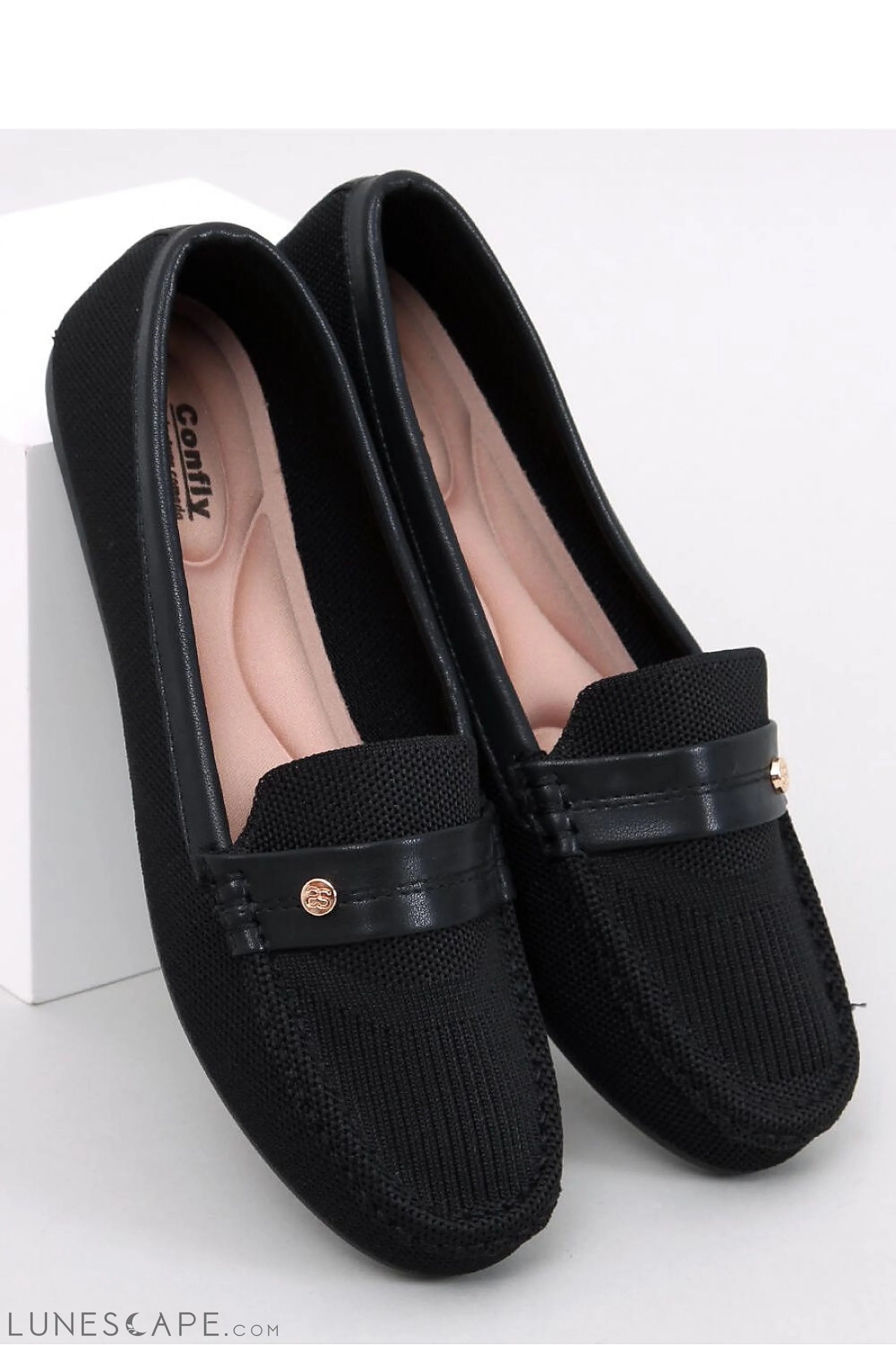 Black Knit Women's Loafers – Round Toe with Vegan Leather Strap & Gold Charm LUNESCAPE