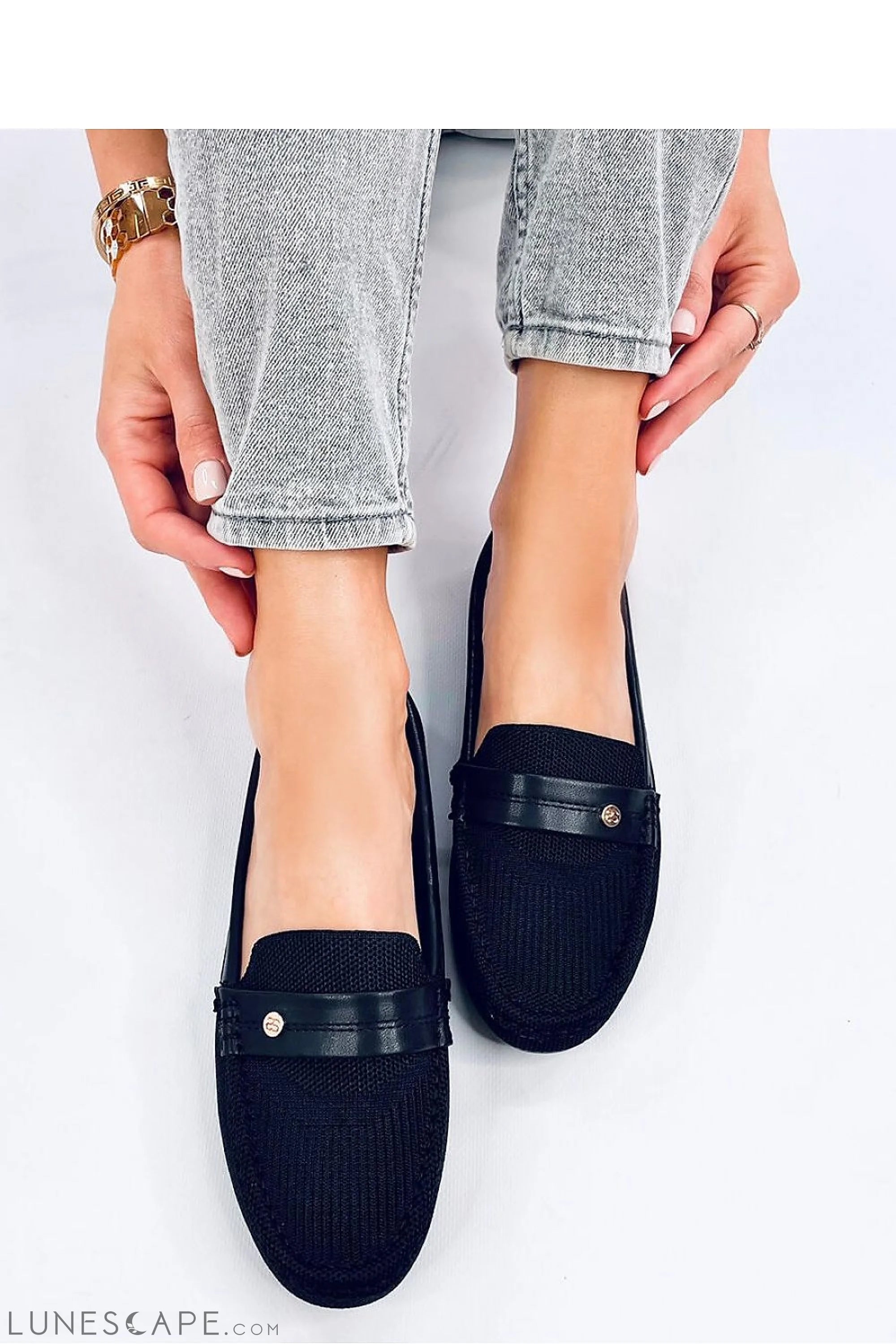 Black Knit Women's Loafers – Round Toe with Vegan Leather Strap & Gold Charm LUNESCAPE