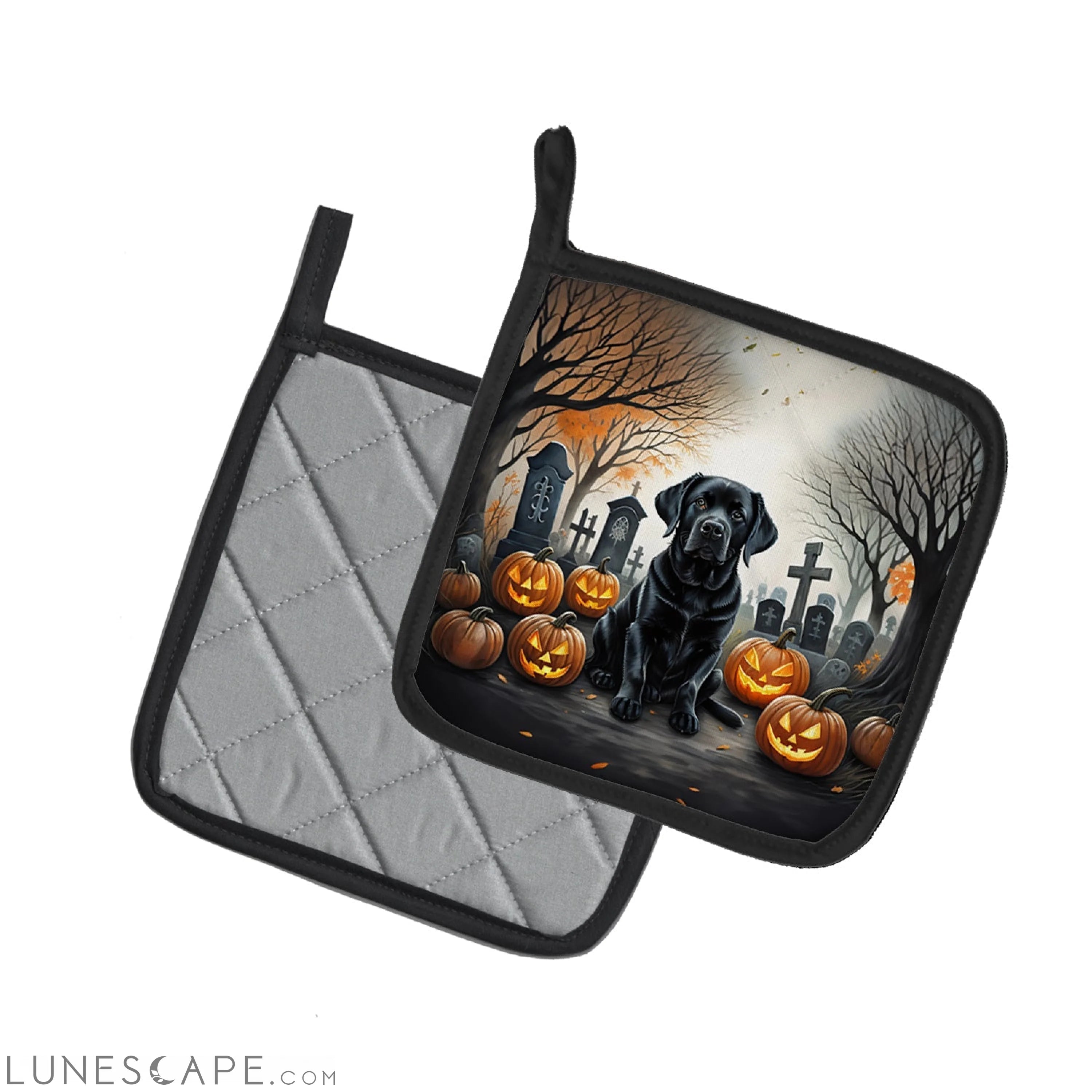 Black Labrador Retriever Spooky Halloween Pair of Pot Holders LUNESCAPE