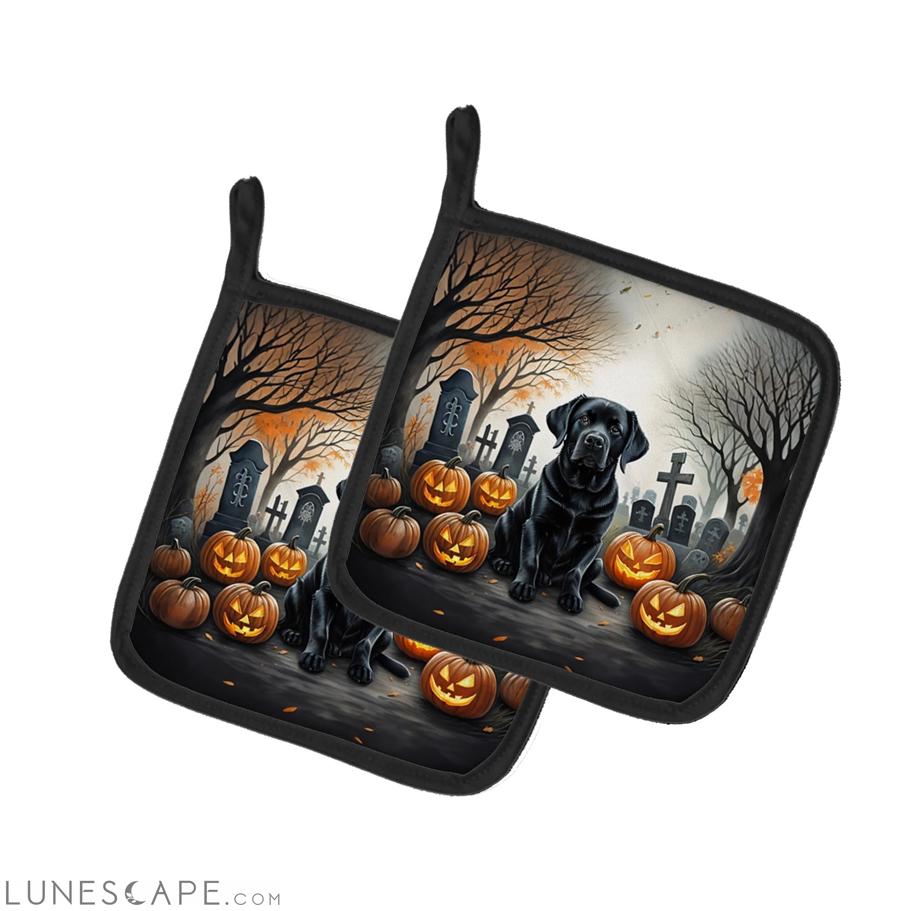 Black Labrador Retriever Spooky Halloween Pair of Pot Holders LUNESCAPE