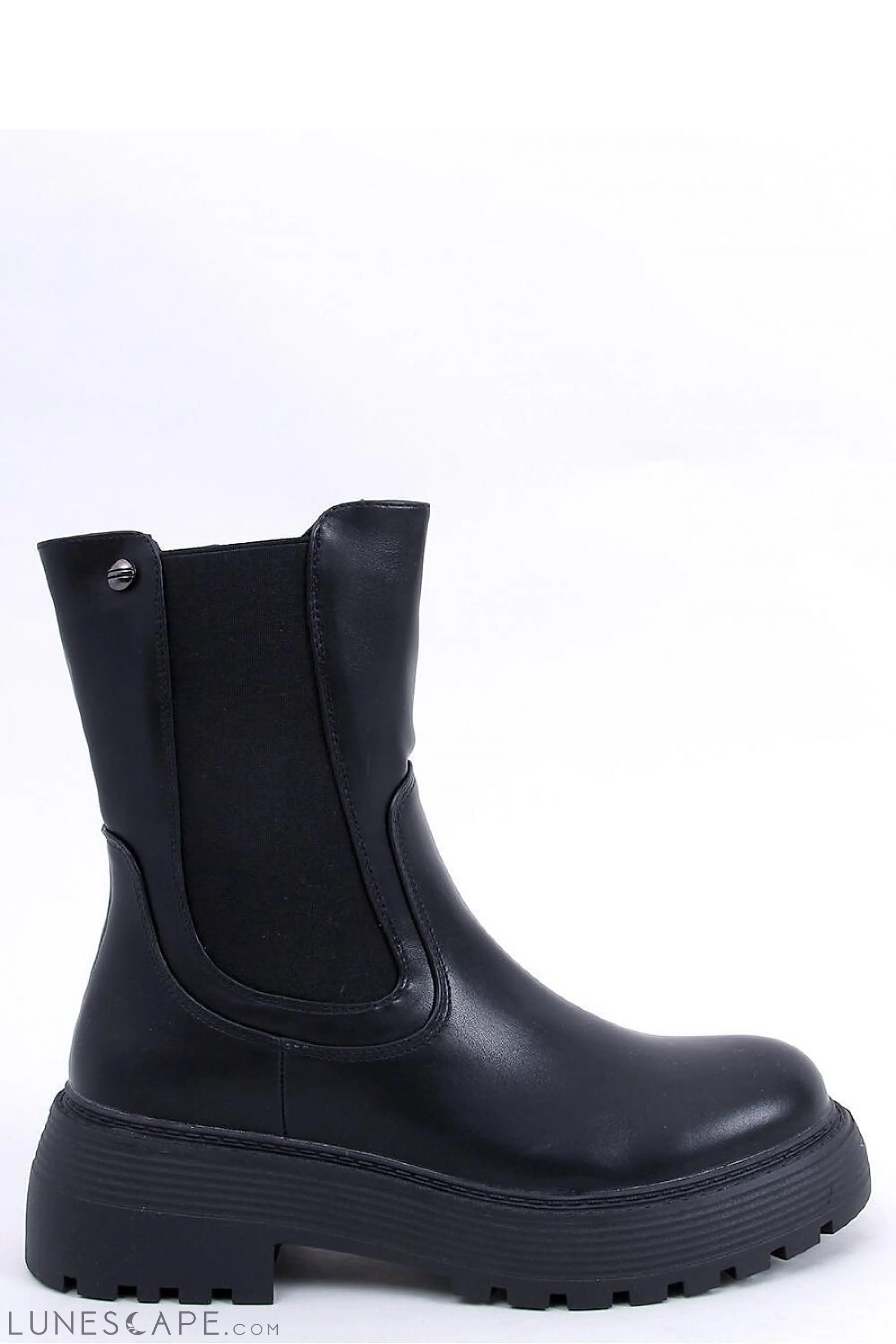 Black Leather Platform Chelsea Boots with Side Zip and Stretch Panels LUNESCAPE