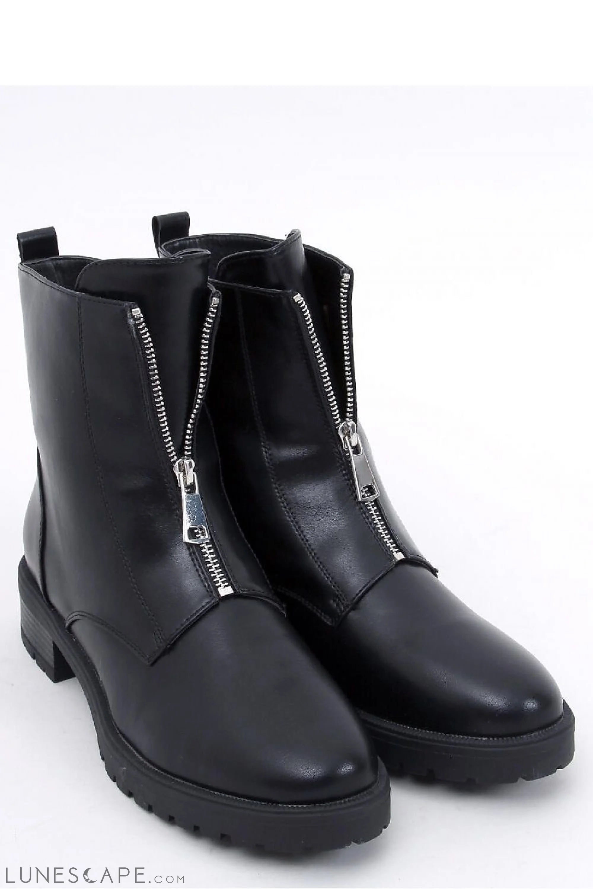 Black Leather Zip-Front Chelsea Boot with Chunky Sole for Women LUNESCAPE