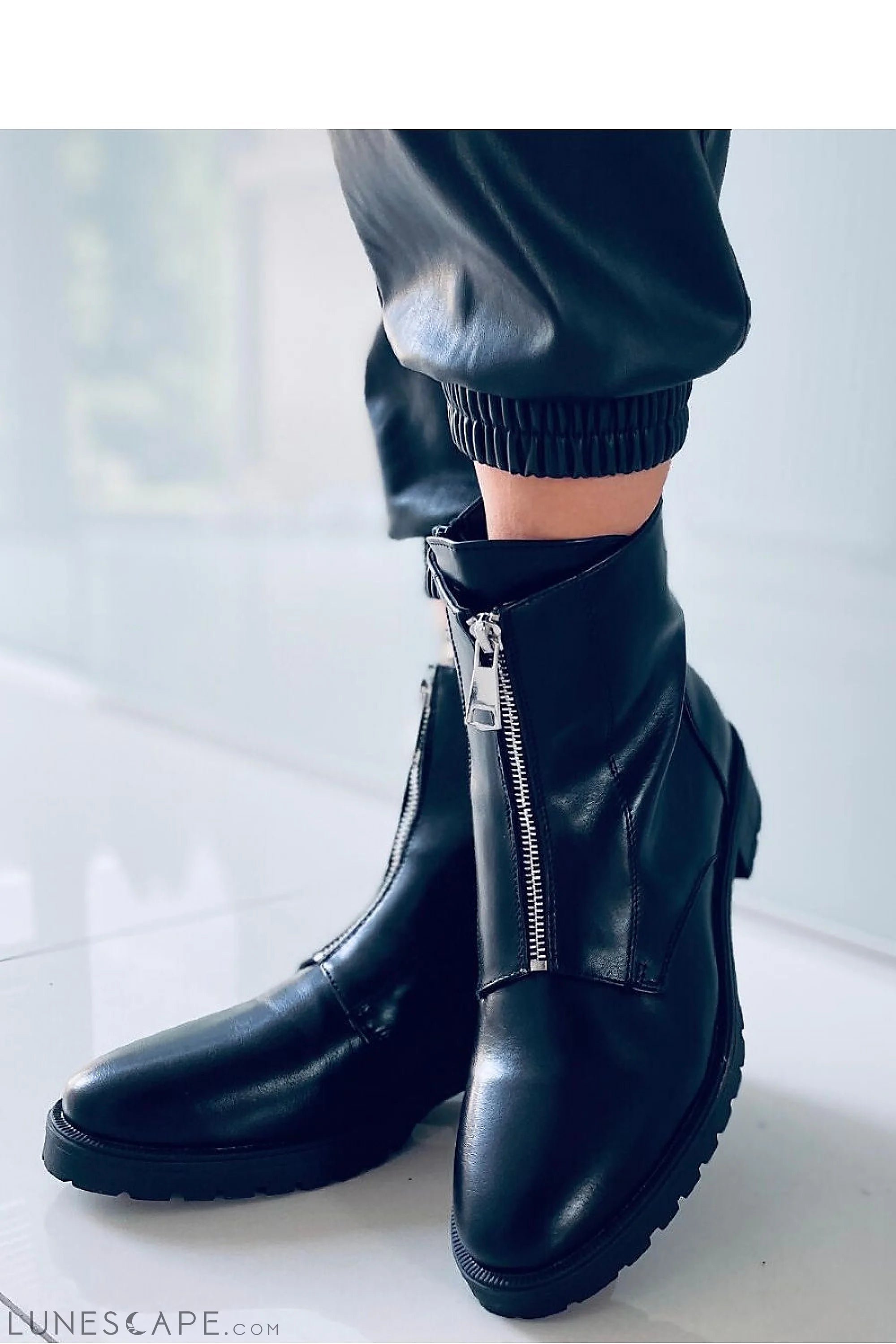 Black Leather Zip-Front Chelsea Boot with Chunky Sole for Women LUNESCAPE