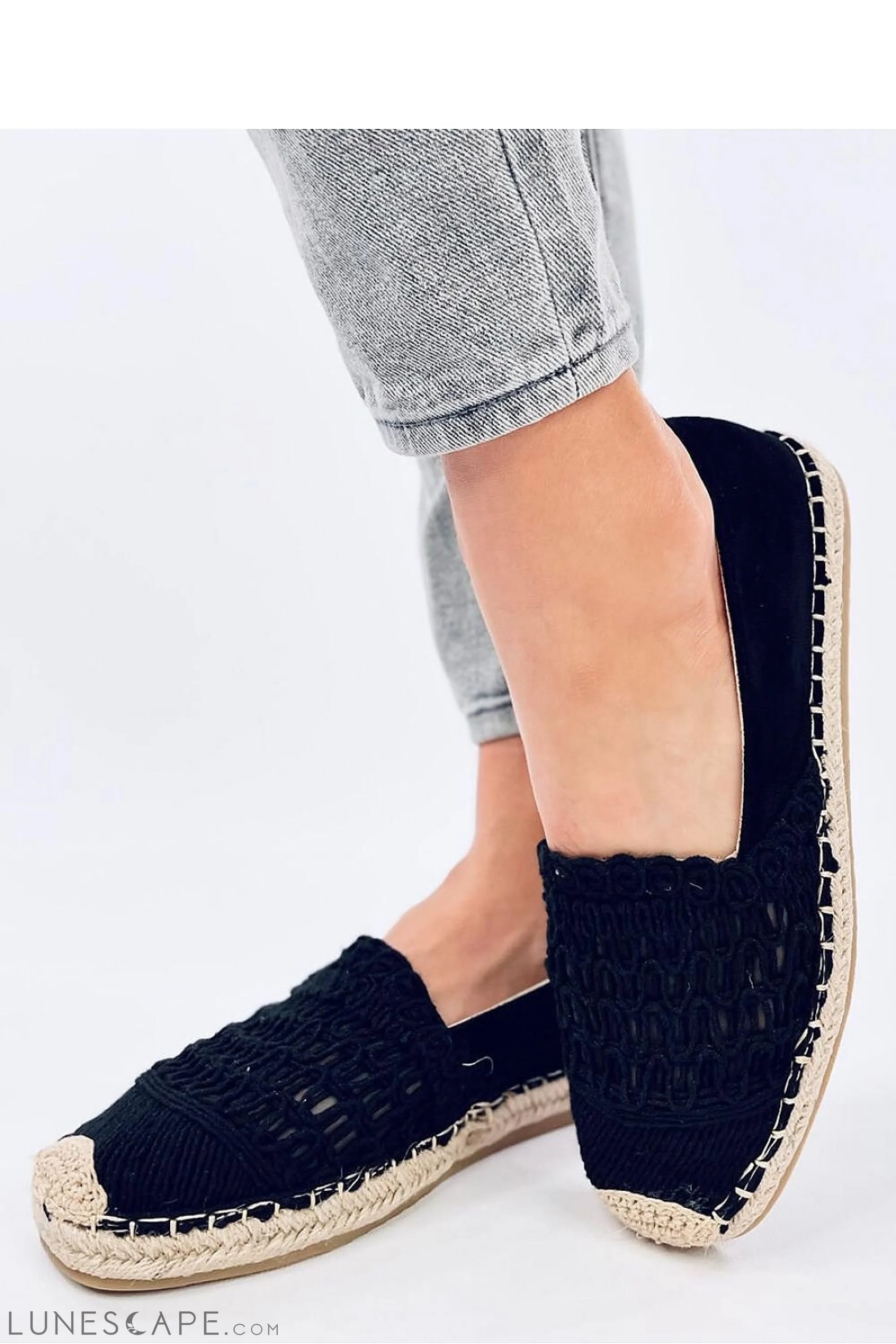 Black Macramé and Eco-Suede Womens Espadrilles with Braided Jute Sole LUNESCAPE