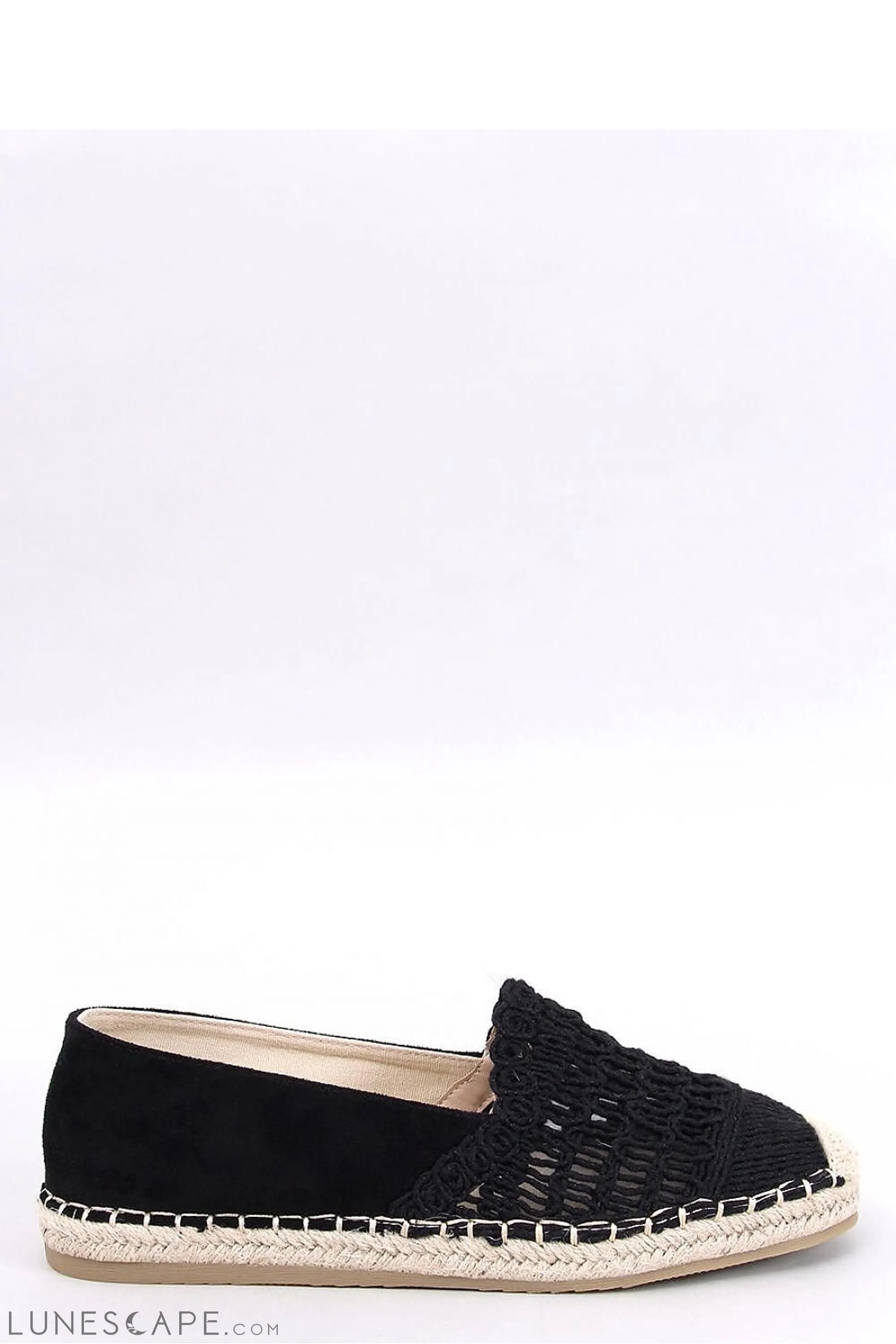 Black Macramé and Eco-Suede Womens Espadrilles with Braided Jute Sole LUNESCAPE