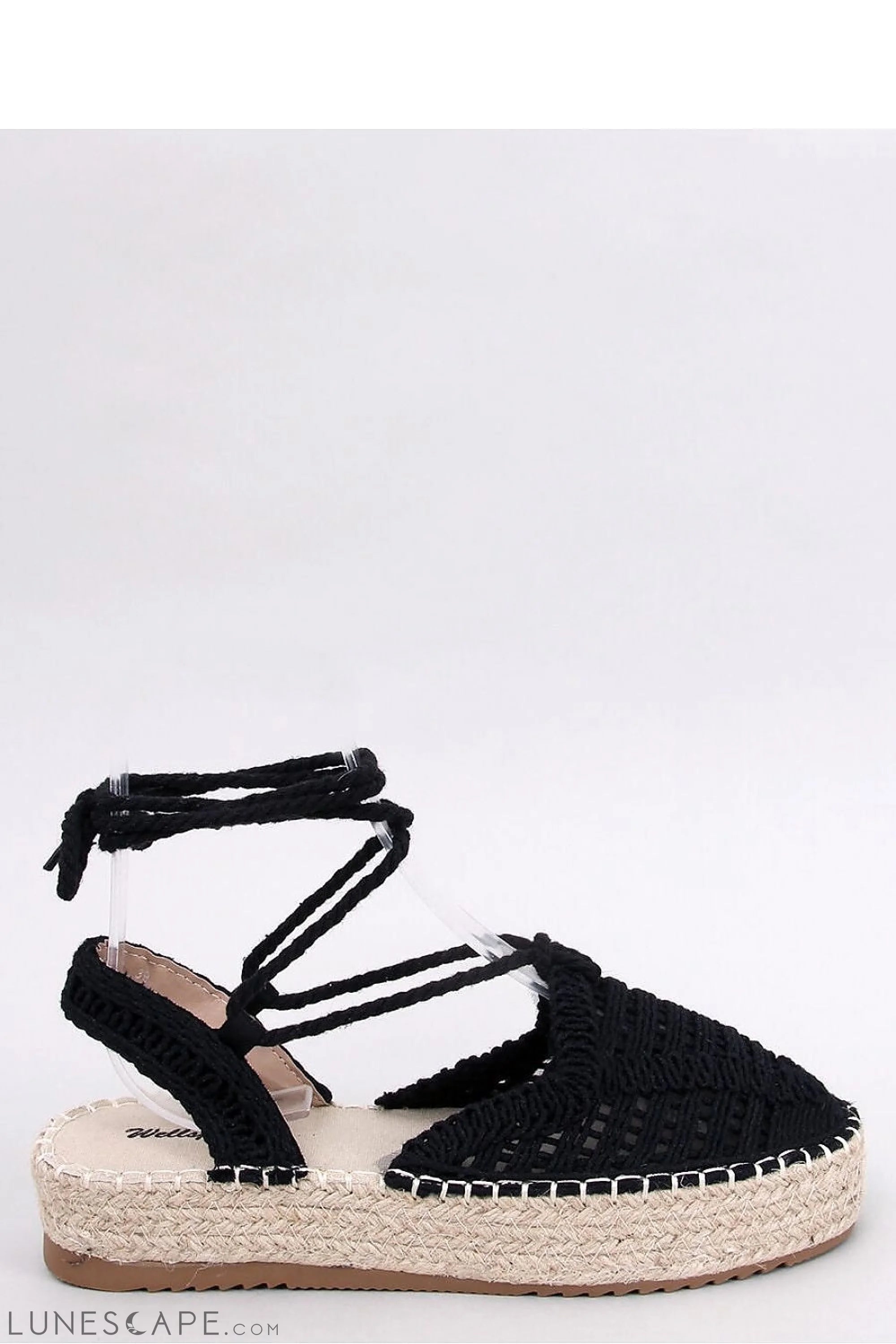 Black Macramé Tie-Up Espadrille Sandals with Braided Jute Platform LUNESCAPE