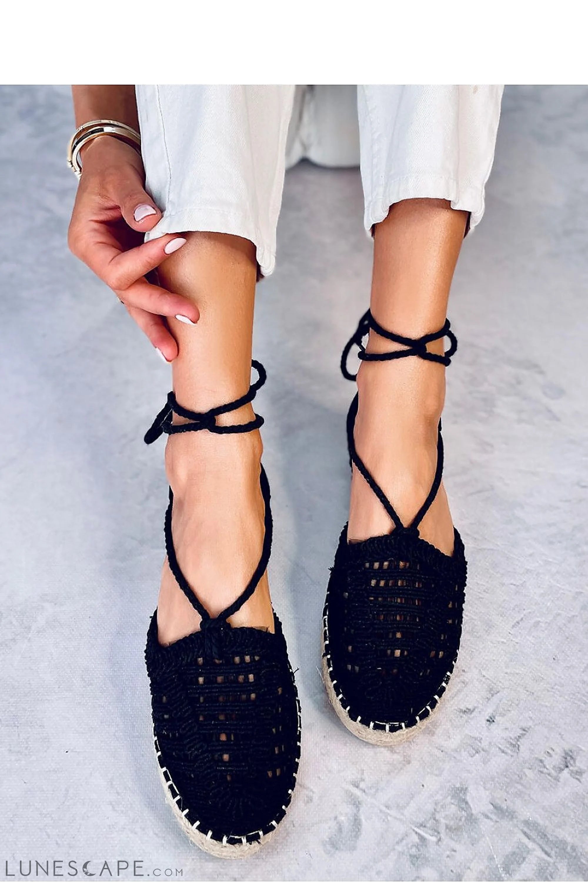 Black Macramé Tie-Up Espadrille Sandals with Braided Jute Platform LUNESCAPE