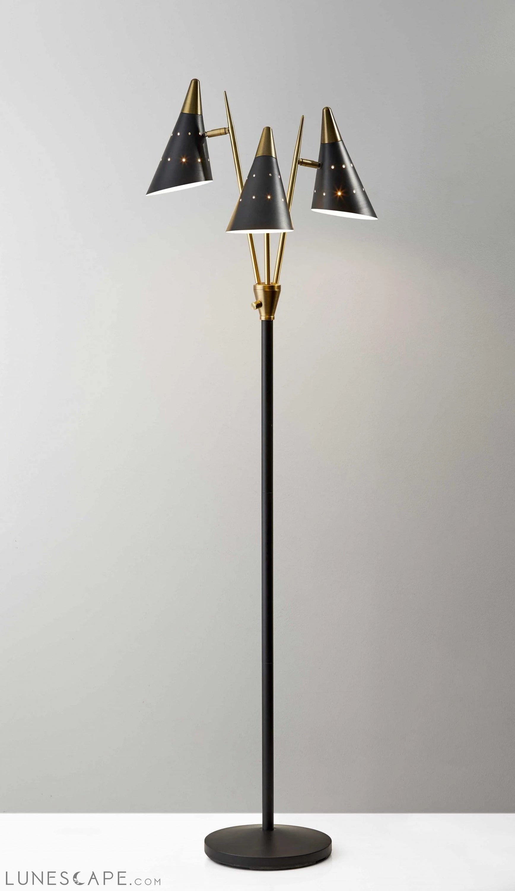 Black Metal Floor Lamp with Three Adjustable Antique Brass Accented LUNESCAPE