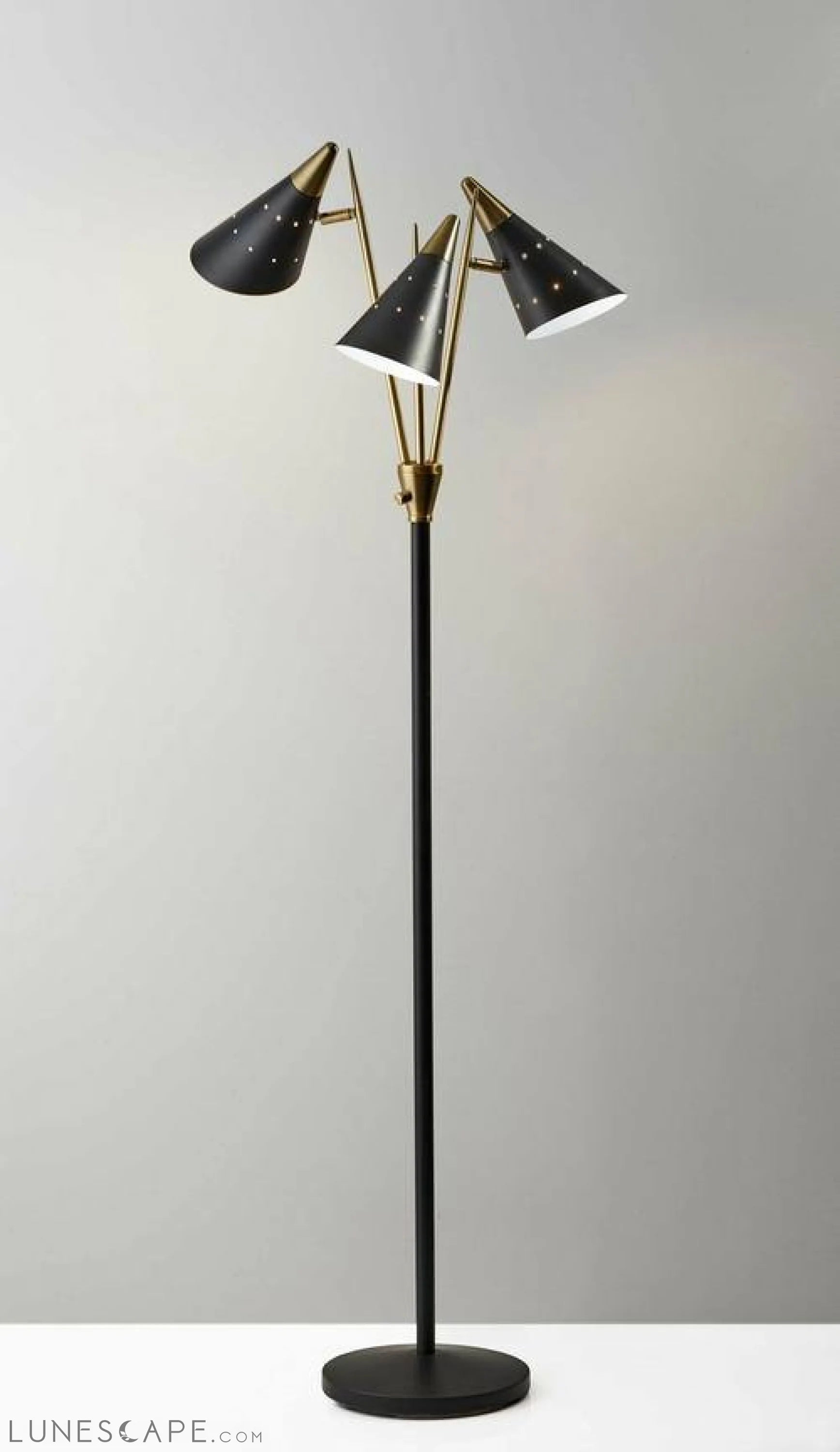 Black Metal Floor Lamp with Three Adjustable Antique Brass Accented LUNESCAPE