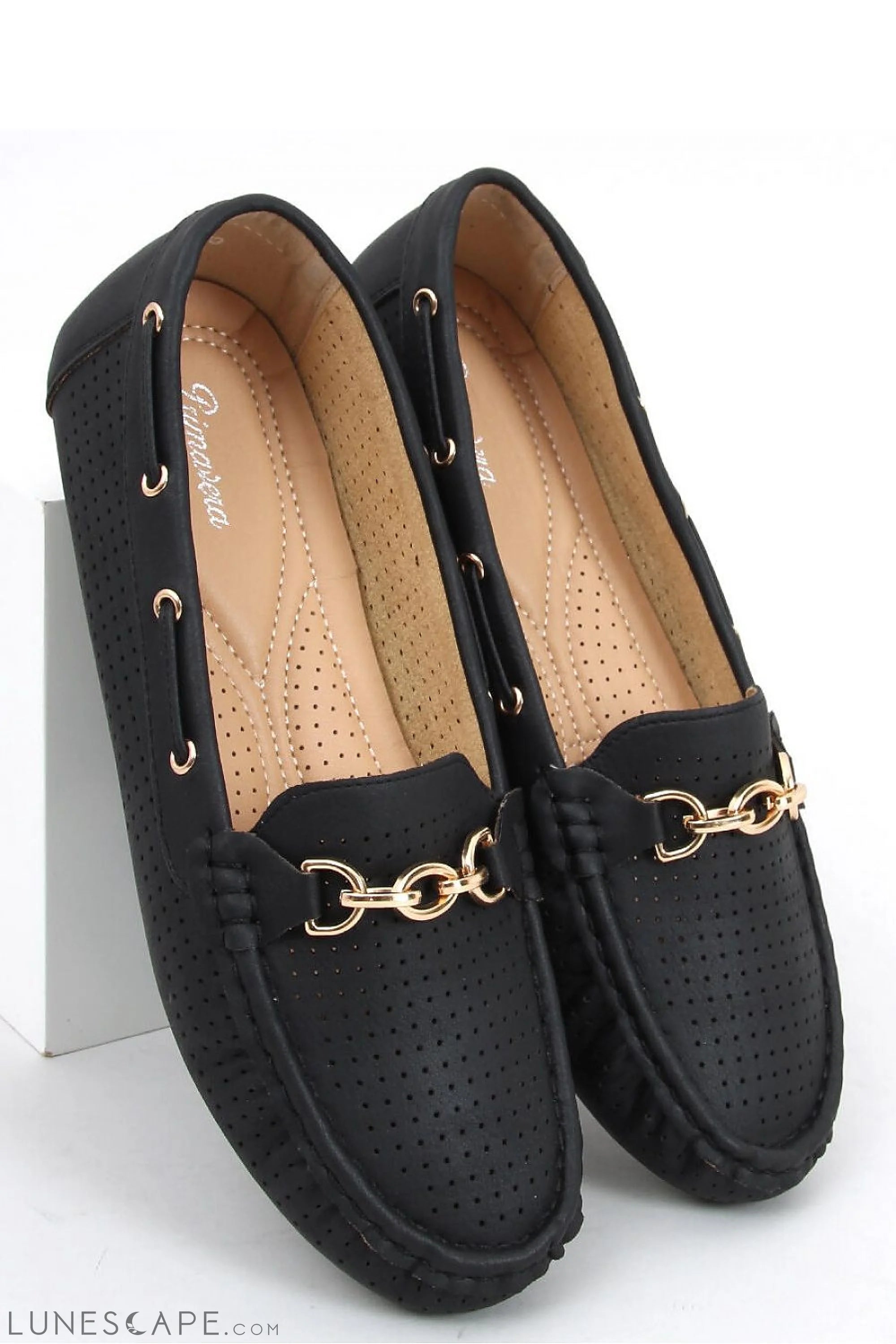 Black Perforated Eco-Leather Loafers with Gold Chain Detail and Eyelet Trim LUNESCAPE