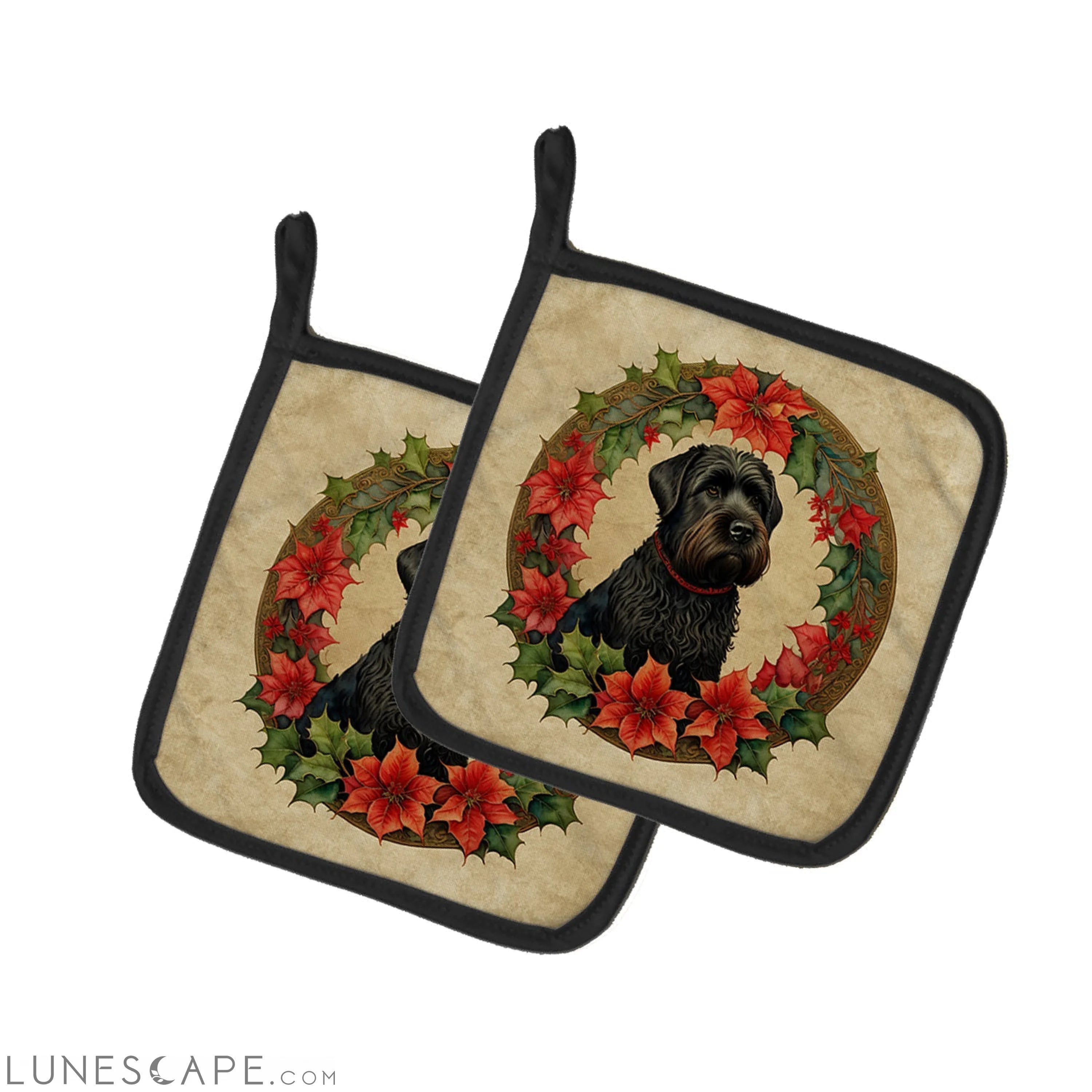 Black Russian Terrier Christmas Flowers Pair of Pot Holders LUNESCAPE