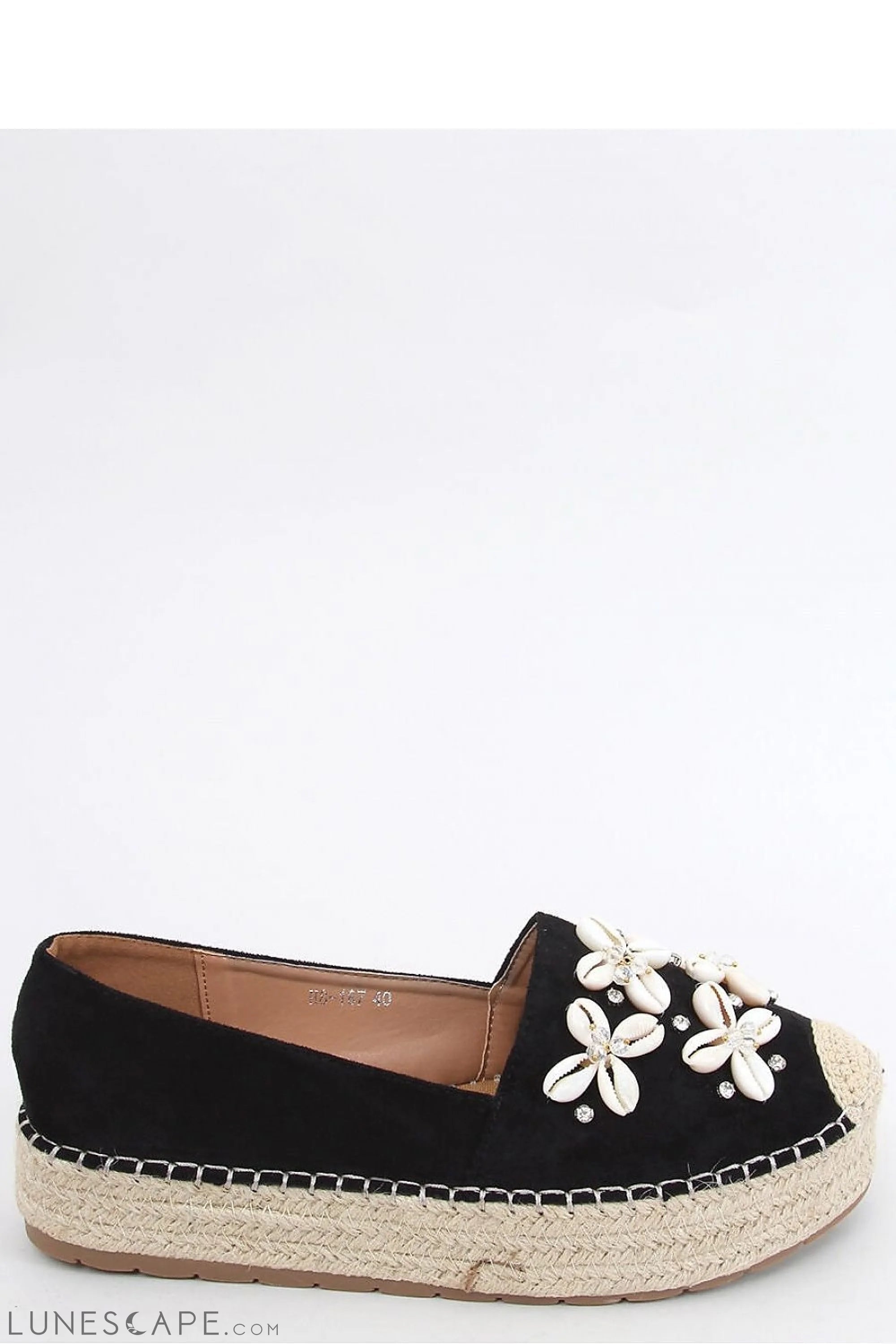 Black Shell-Embellished Round-Toe Platform Espadrille Flats LUNESCAPE