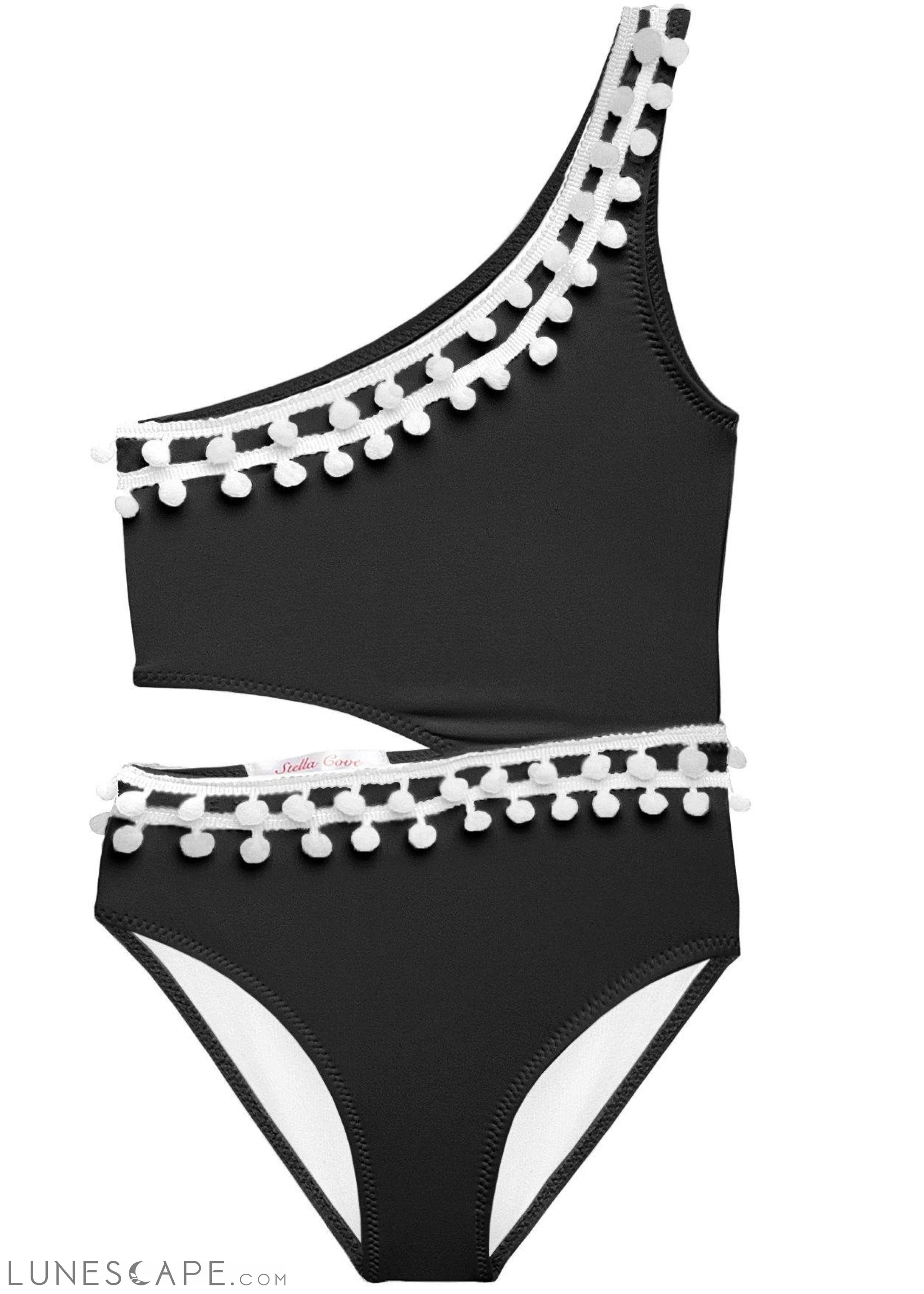 Black Side Cut Swimsuit with White Pom Poms LUNESCAPE